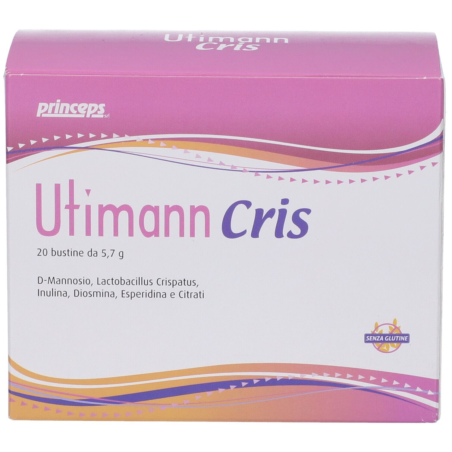 Scatola rosa e bianca Utimann Cris. Contiene 20 bustine. Marchio senza glutine.