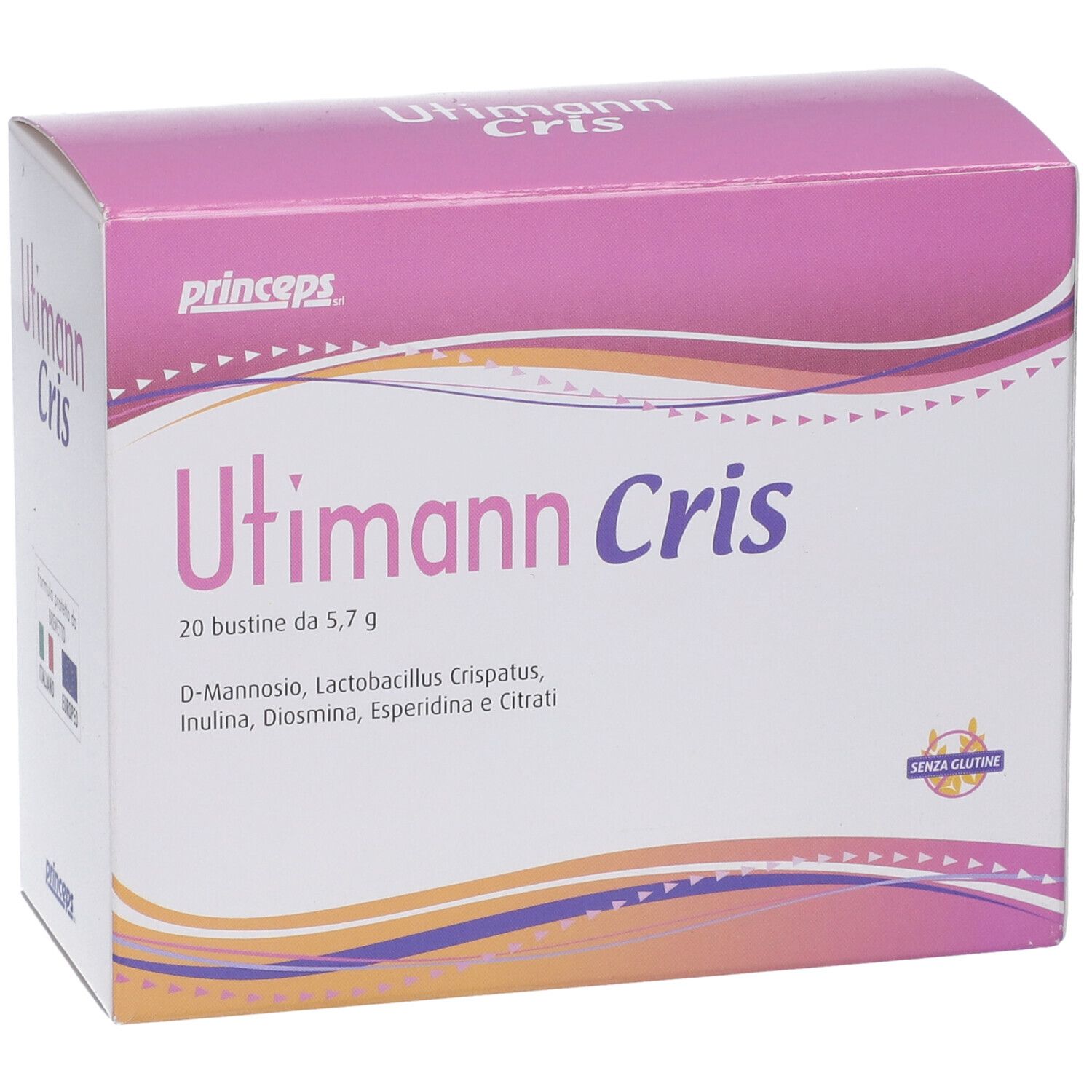Scatola rosa e bianca Utimann Cris. Contiene 20 bustine. Marchio senza glutine.