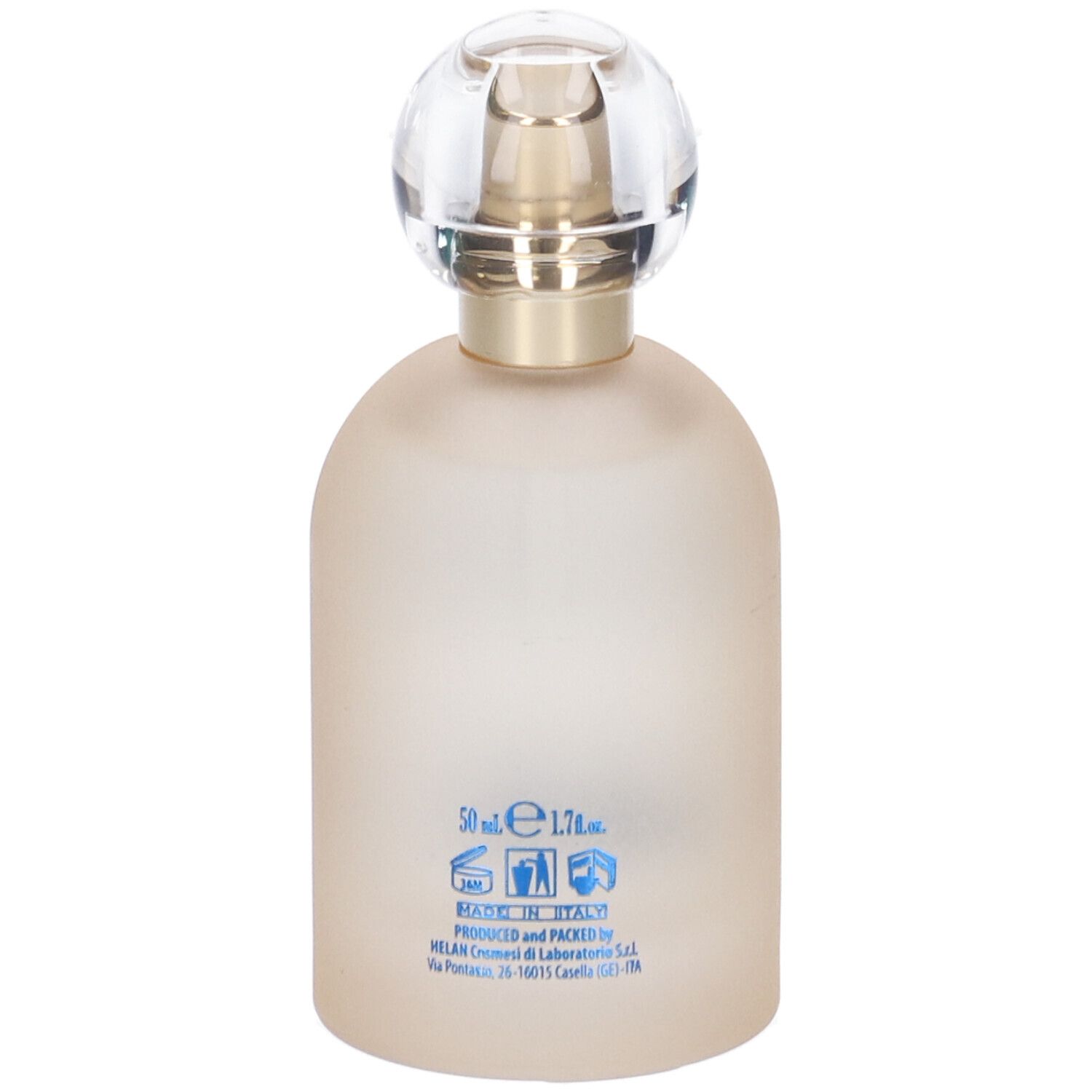 Retro del flacone di profumo. Testo: 50 ml, Made in Italy, Helan.