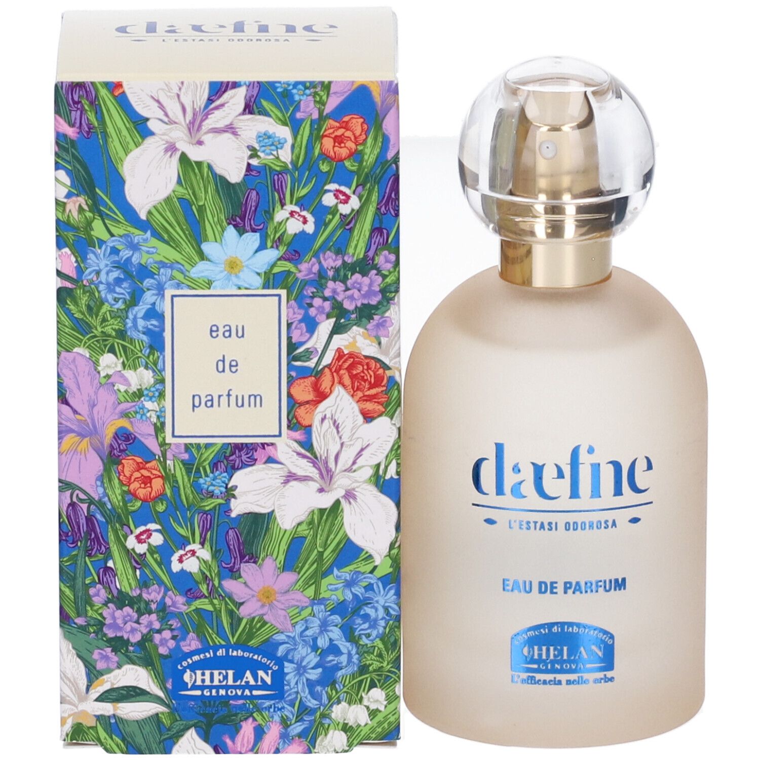 Flacone di profumo e scatola con design floreale. Scritta: daefne, Eau de Parfum, Helan.