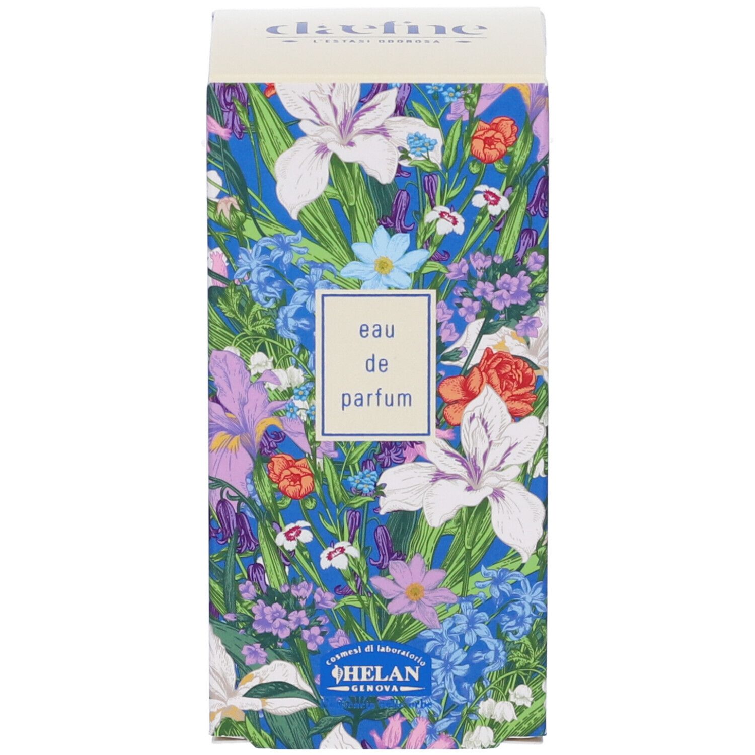 Scatola con design floreale. Scritta: Eau de Parfum, Helan.