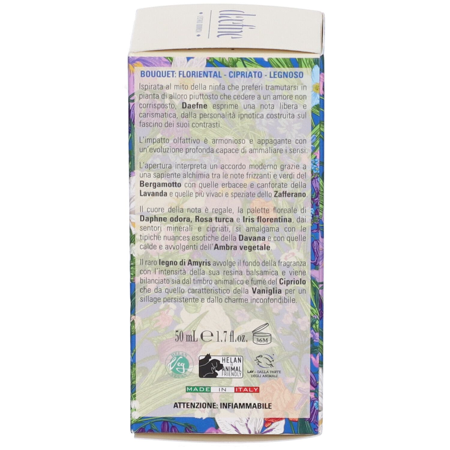 Retro della scatola con design floreale. Testo: descrizione della fragranza, certificazioni, avvertenza.