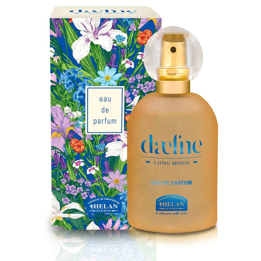 Flacone di profumo e scatola con design floreale. Scritta: daefne, Eau de Parfum, Helan.