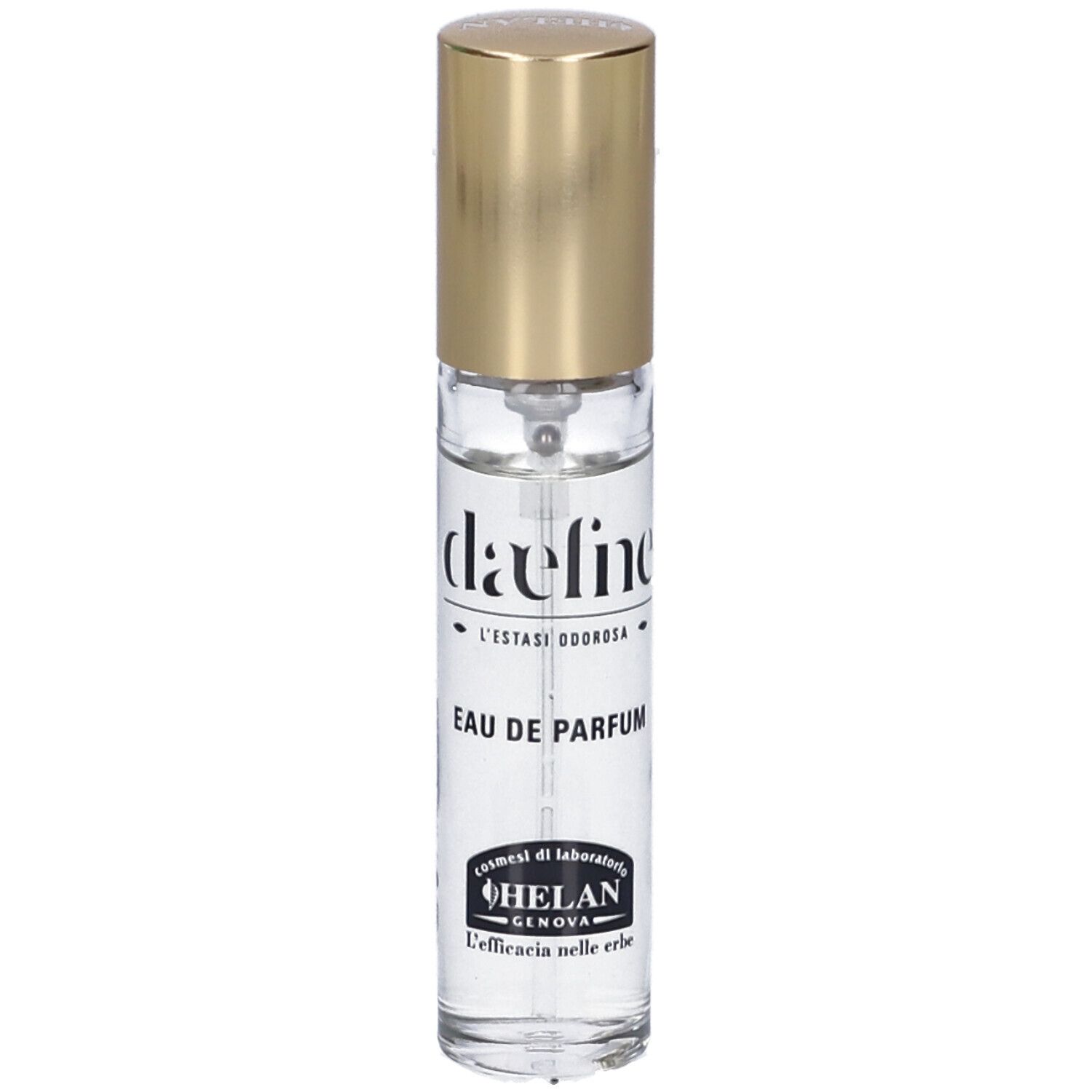Helan DAEFNE Eau de Parfum. Flacone in vetro trasparente con tappo dorato. Scritta 'daefne' e 'Eau de Parfum'.