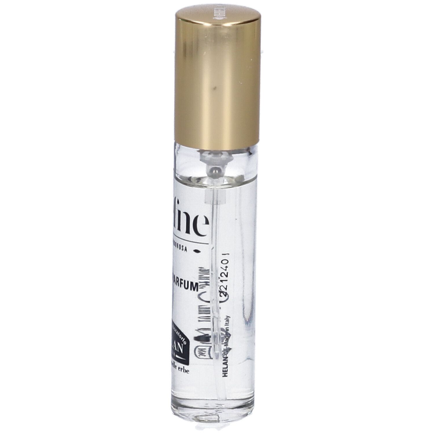 Helan DAEFNE Eau de Parfum. Flacone con tappo dorato. Scritta 'daefne' e 'Eau de Parfum'. Stampa con informazioni.