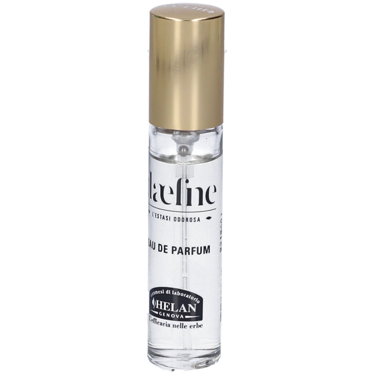 Helan DAEFNE Eau de Parfum. Flacone con tappo dorato. Scritta 'daefne' e 'Eau de Parfum'.