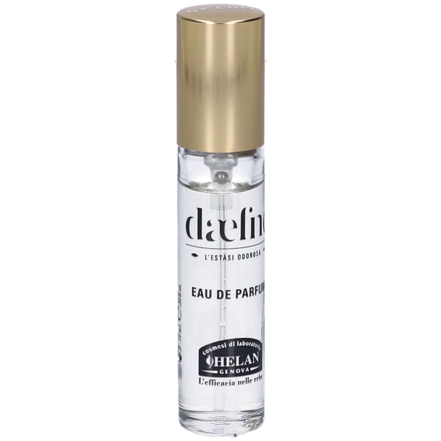 Helan DAEFNE Eau de Parfum. Flacone con tappo dorato. Scritta 'daefne' e 'Eau de Parfum'.