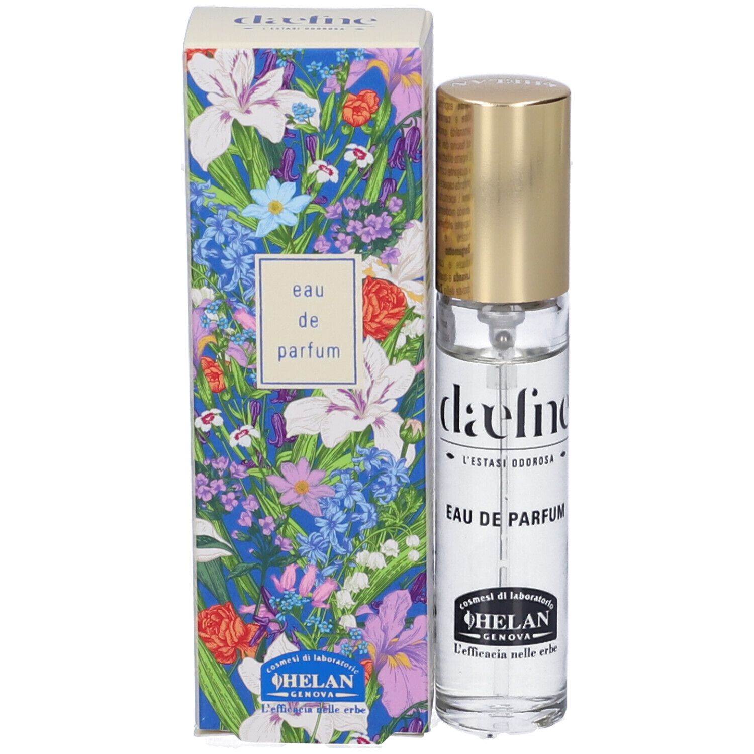 Helan DAEFNE Eau de Parfum e confezione. Flacone con tappo dorato. Confezione con motivo floreale. Scritta 'daefne'.