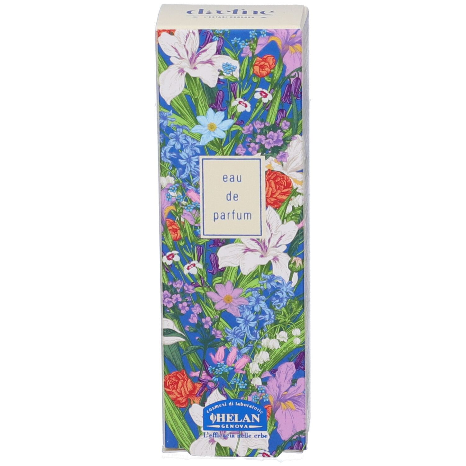 Helan DAEFNE Eau de Parfum e confezione. Flacone con tappo dorato. Confezione con motivo floreale. Scritta 'daefne'.