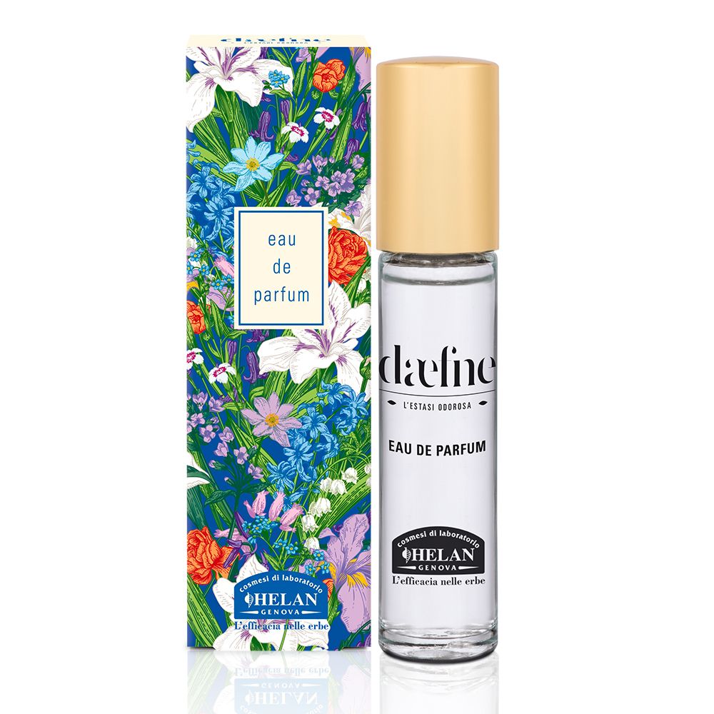 Helan DAEFNE Eau de Parfum e confezione. Flacone con tappo dorato. Confezione con motivo floreale. Scritta 'daefne'.