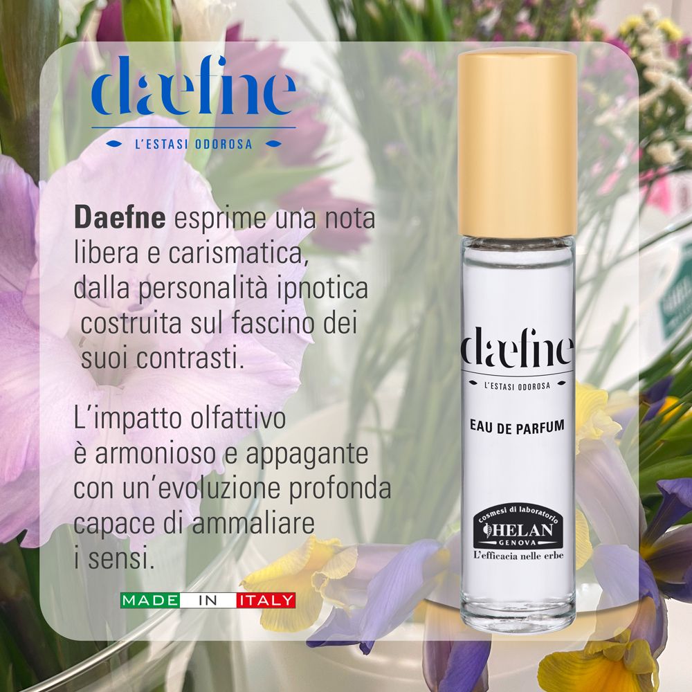 Helan DAEFNE Eau de Parfum. Flacone con tappo dorato. Testo sulle note olfattive. Scritta 'daefne' e 'Eau de Parfum'.