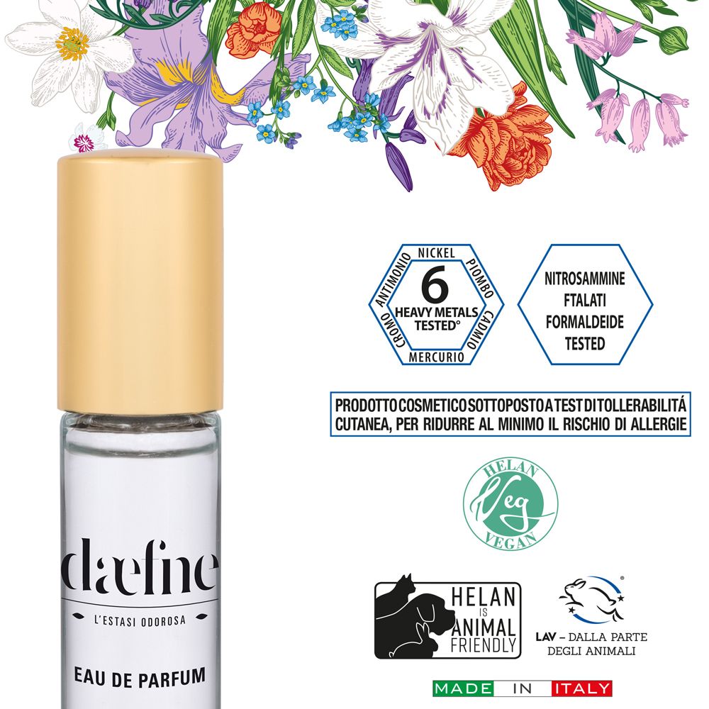 Helan DAEFNE Eau de Parfum. Flacone con tappo dorato. Sigilli con certificazioni. Scritta 'daefne' e 'Eau de Parfum'.