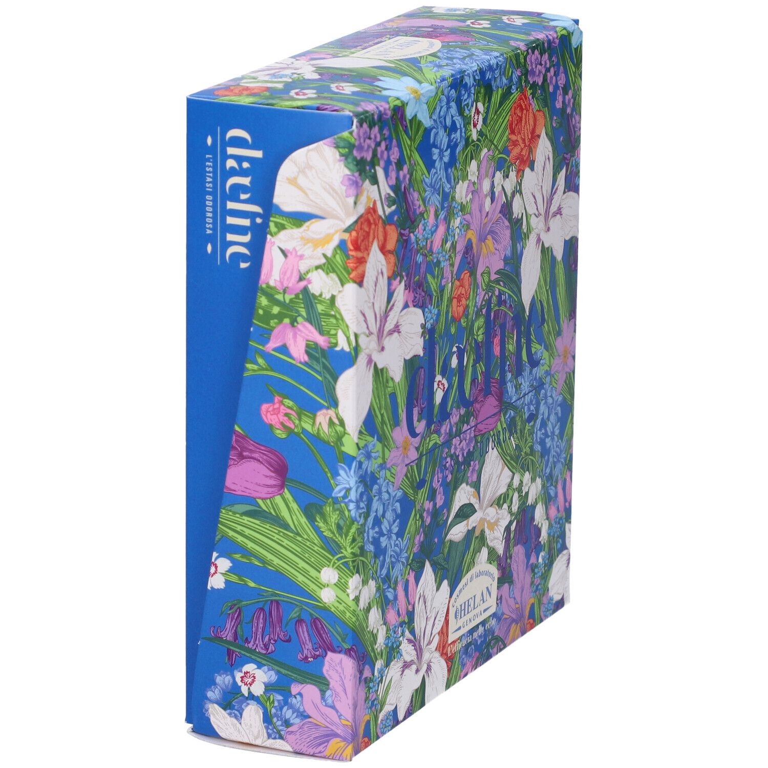 Confezione blu floreale. Scritta "daefne". Vista laterale.