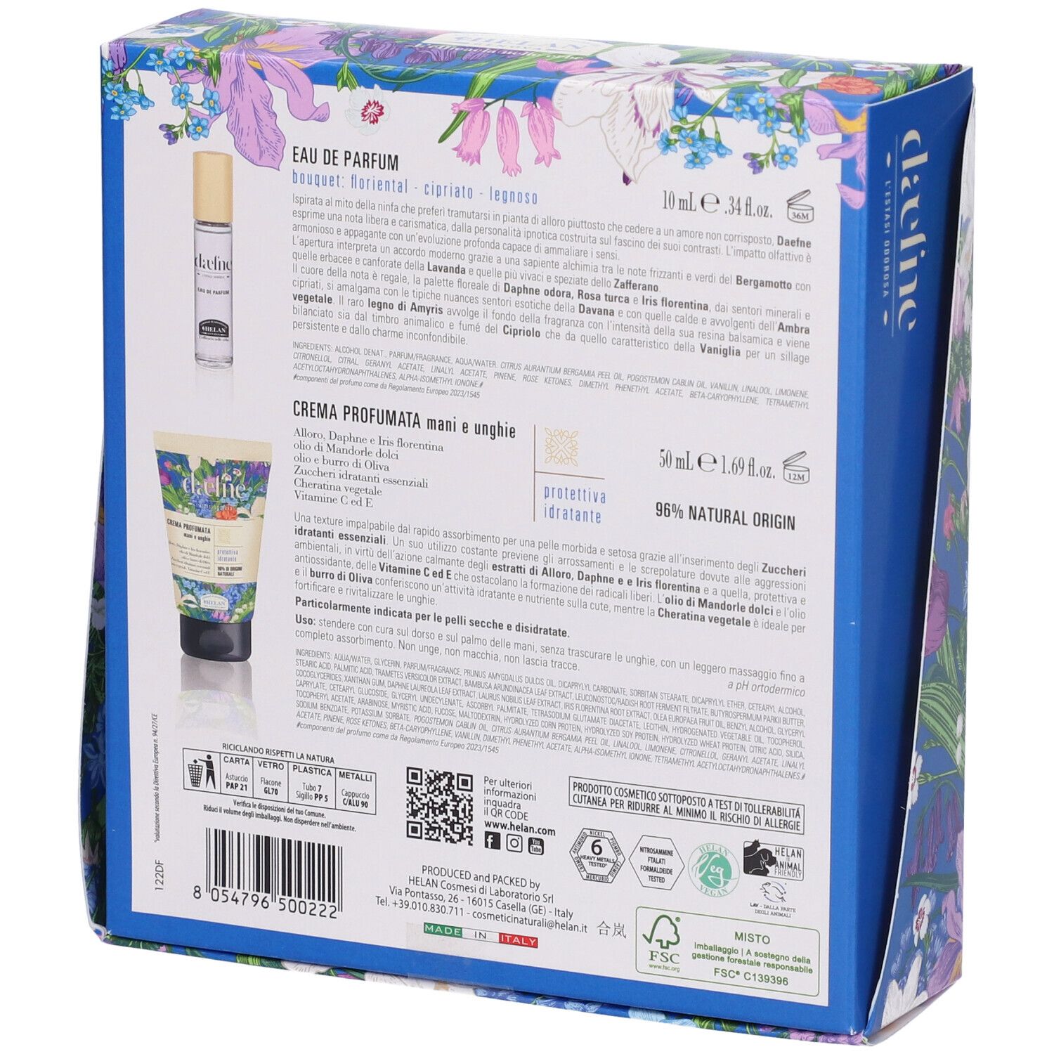 Retro della confezione. Contiene Eau de Parfum e crema mani. Informazioni testuali.