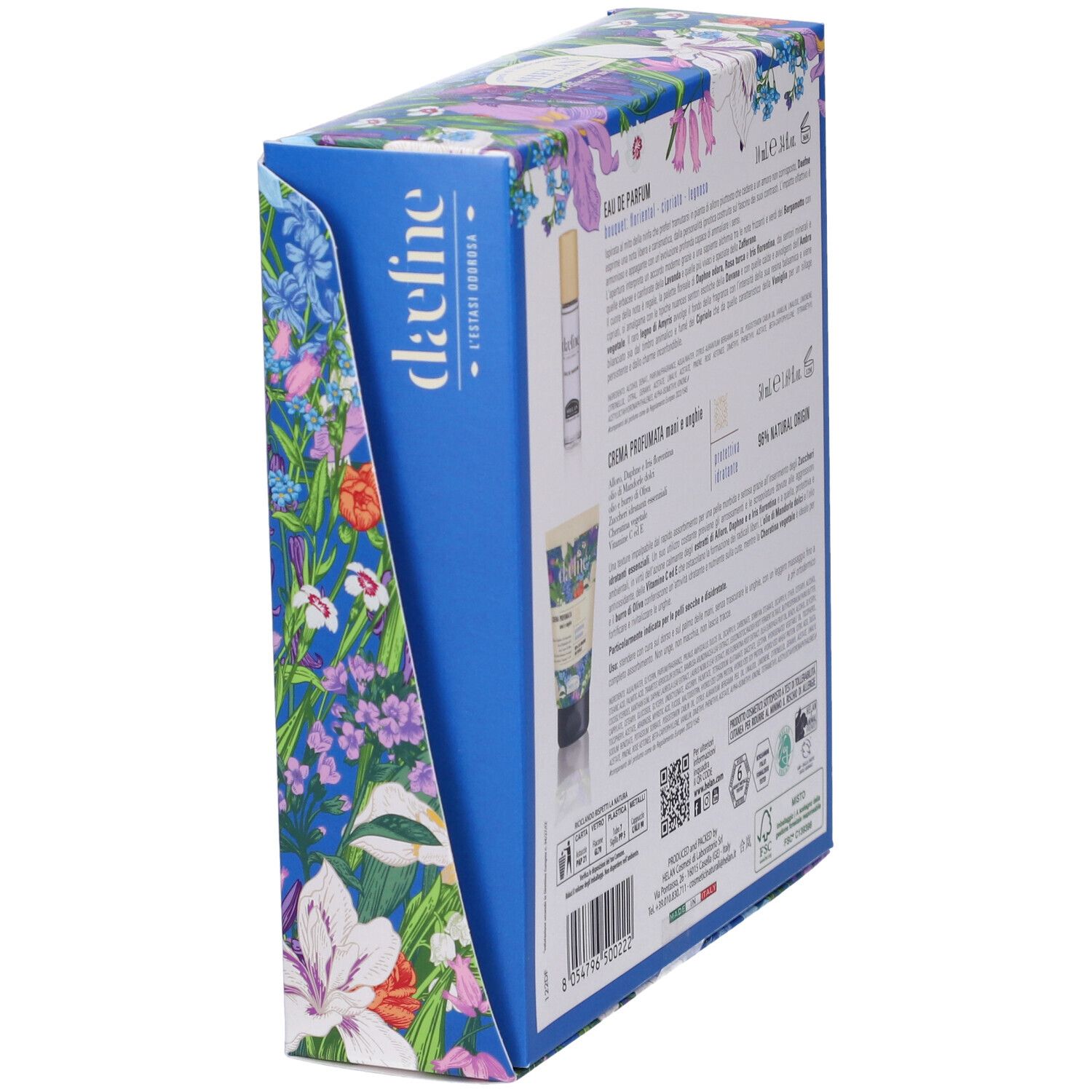 Vista laterale della confezione. Contiene Eau de Parfum e crema mani. Informazioni testuali.
