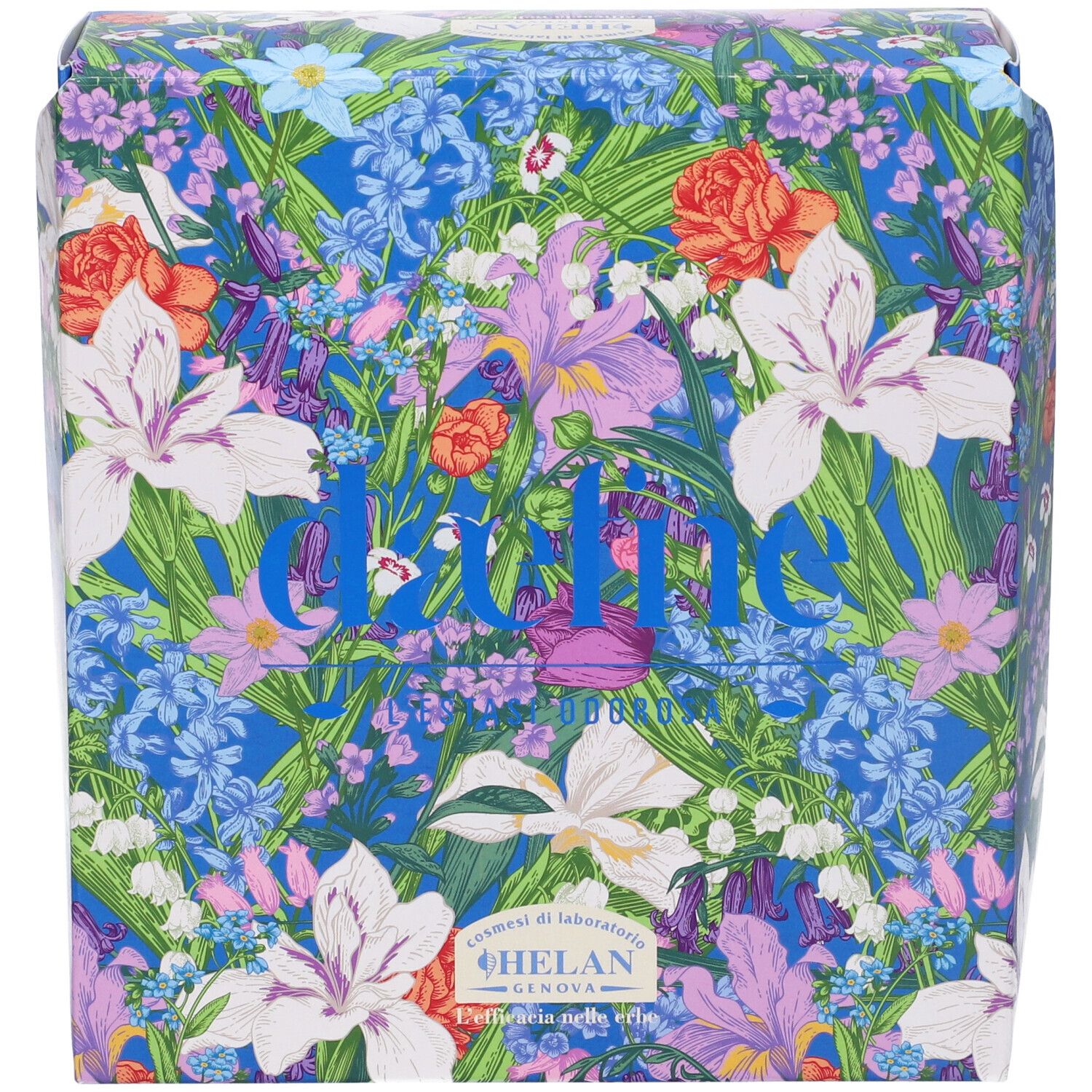 Confezione blu floreale. Scritta "daefne". In basso "HELAN GENOVA". Vista dall'alto.