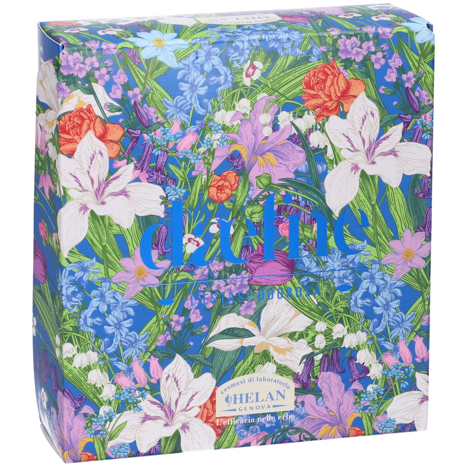Confezione blu floreale. Scritta "daefne". In basso "HELAN GENOVA".