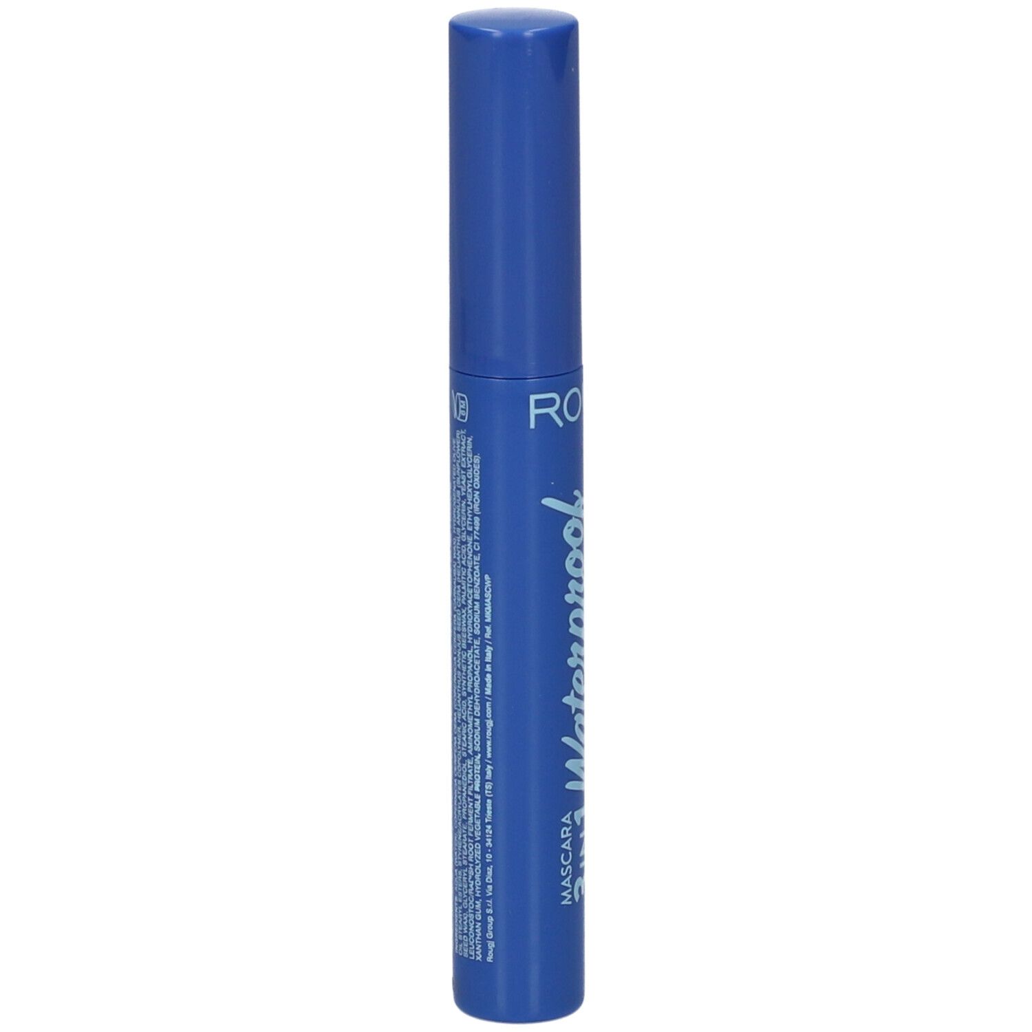 Tubo mascara blu con testo. Scritta: 3IN1 Waterproof. Contiene informazioni e codice a barre. Marchio: ROUGJ.