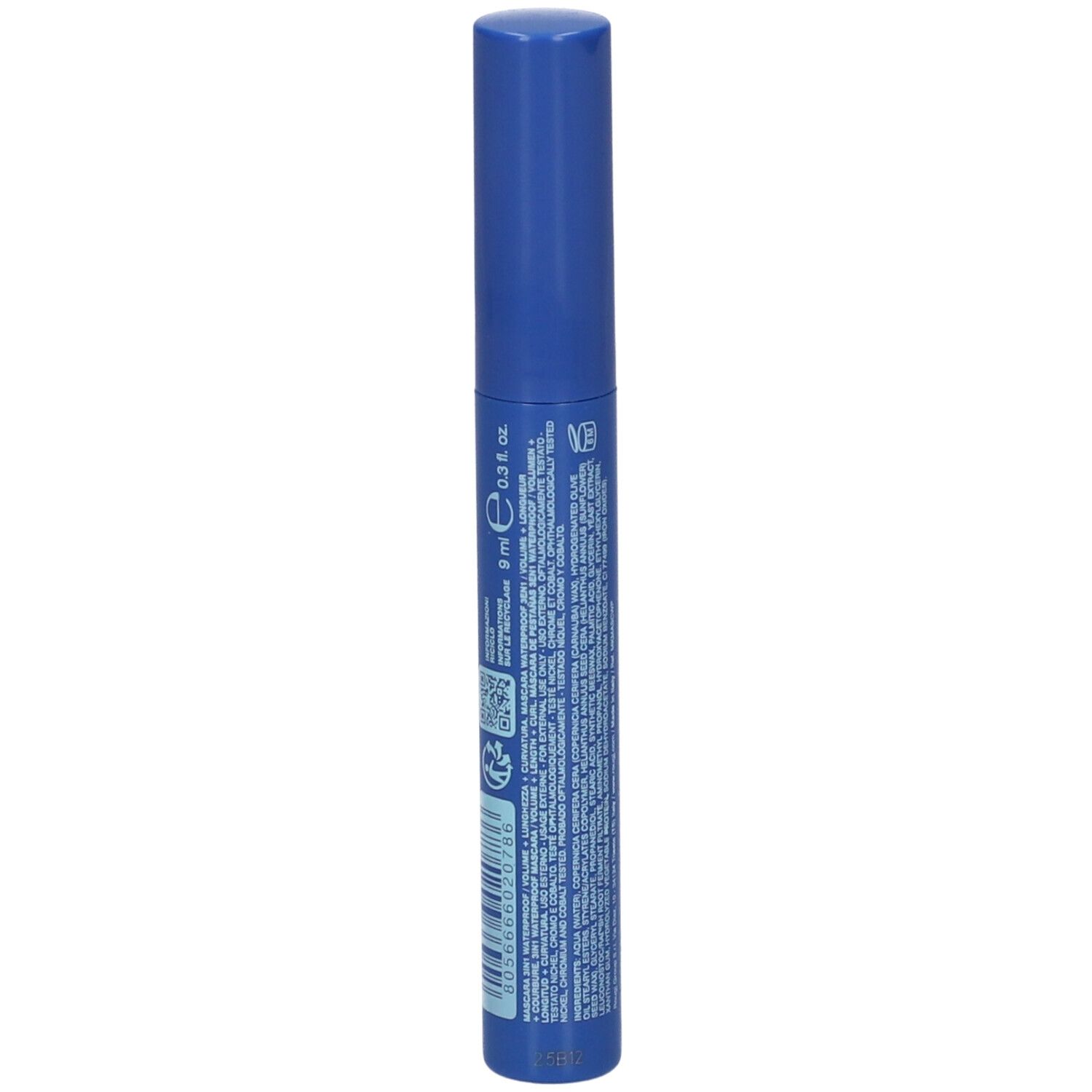 Tubo mascara blu con testo e codice a barre. Contiene informazioni. Volume: 9 ml. Marchio: ROUGJ.