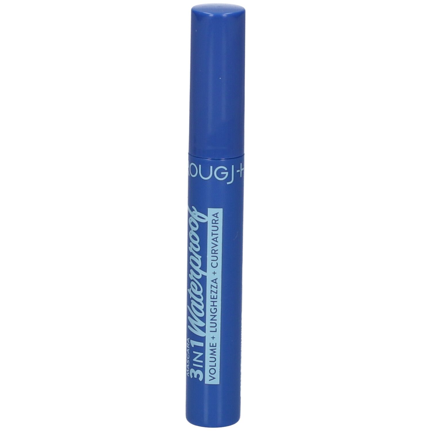 Tubo mascara blu con scritta bianca. Scritta: 3IN1 Waterproof, Volume + Lunghezza + Curvatura. Marchio: ROUGJ+.