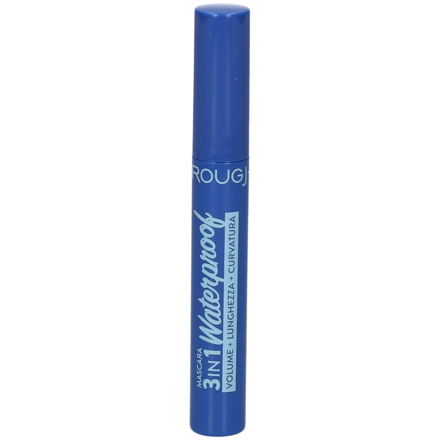 Tubo mascara blu con scritta bianca. Scritta: 3IN1 Waterproof, Volume + Lunghezza + Curvatura. Marchio: ROUGJ.