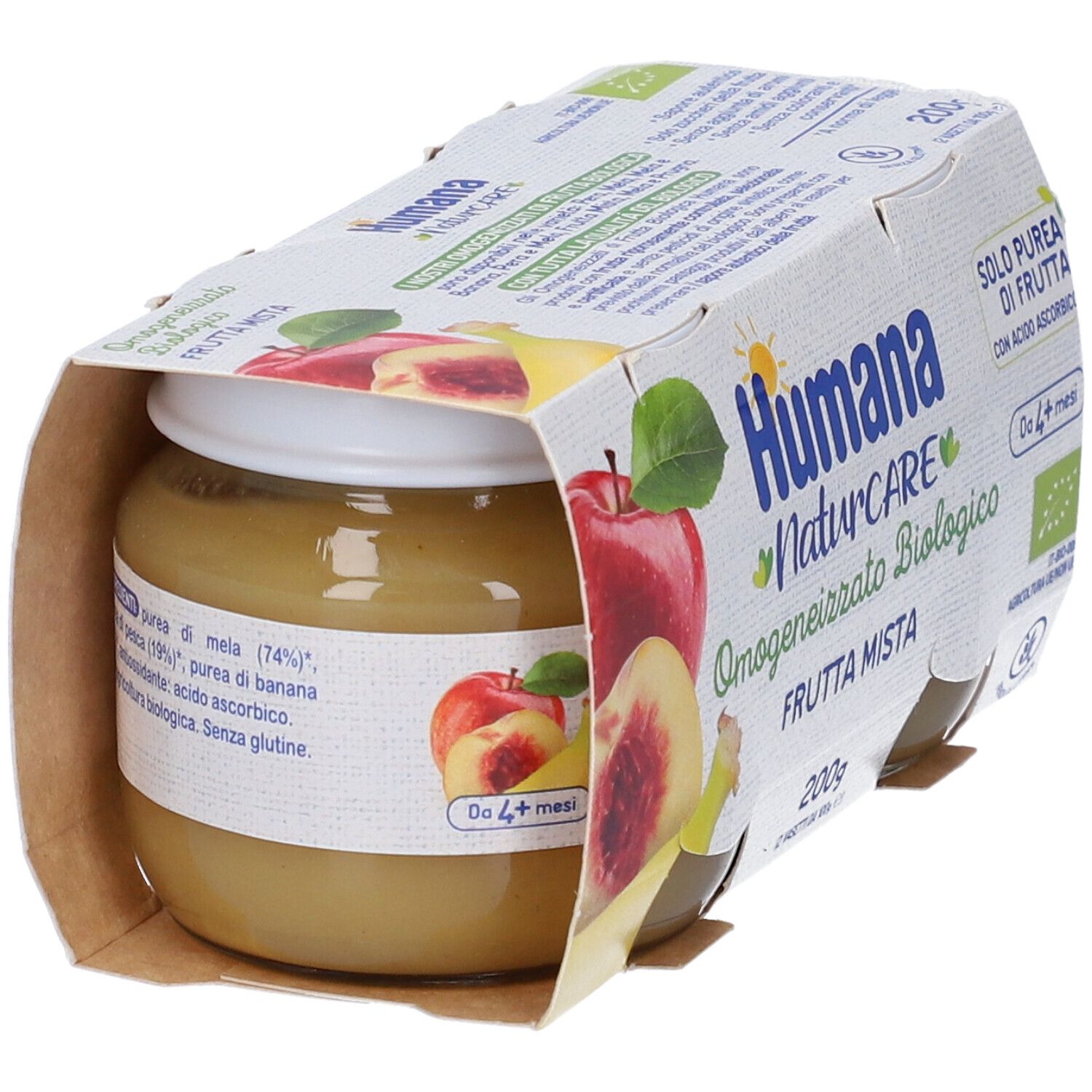 Vasetto di omogeneizzato Humana NaturCARE nella confezione. Scritto: Omogeneizzato Biologico Frutta Mista, ingredienti, da 4+ mesi.