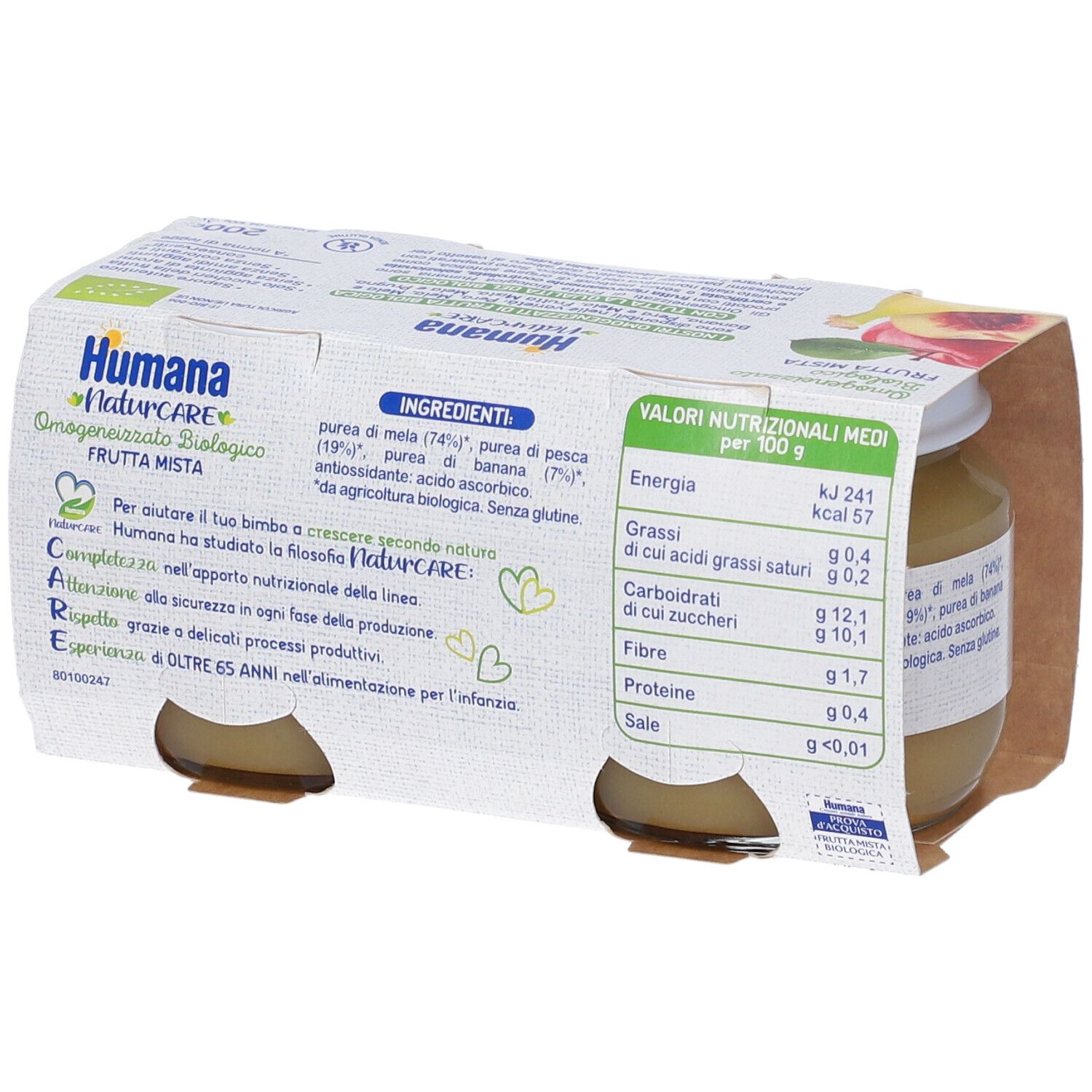 Retro della confezione di due vasetti di omogeneizzato Humana NaturCARE. Testo: ingredienti, valori nutrizionali, da 4+ mesi.