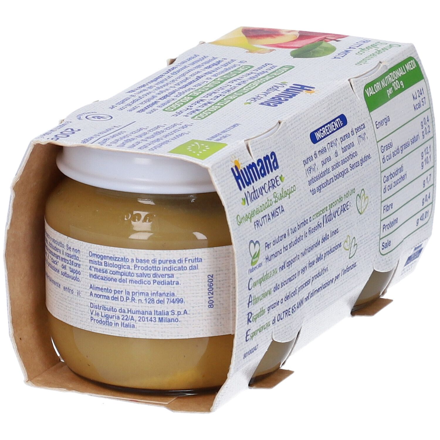 Retro della confezione di due vasetti di omogeneizzato Humana NaturCARE. Testo: ingredienti, valori nutrizionali, da 4+ mesi.