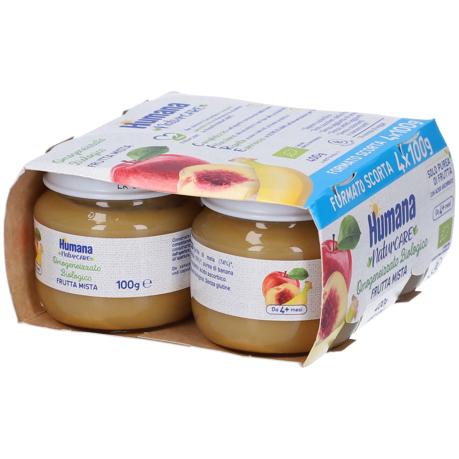 Confezione da quattro vasetti di omogeneizzato Humana NaturCARE. Due vasetti visibili. Scritto: Frutta Mista, 100g. Certificazione biologica.