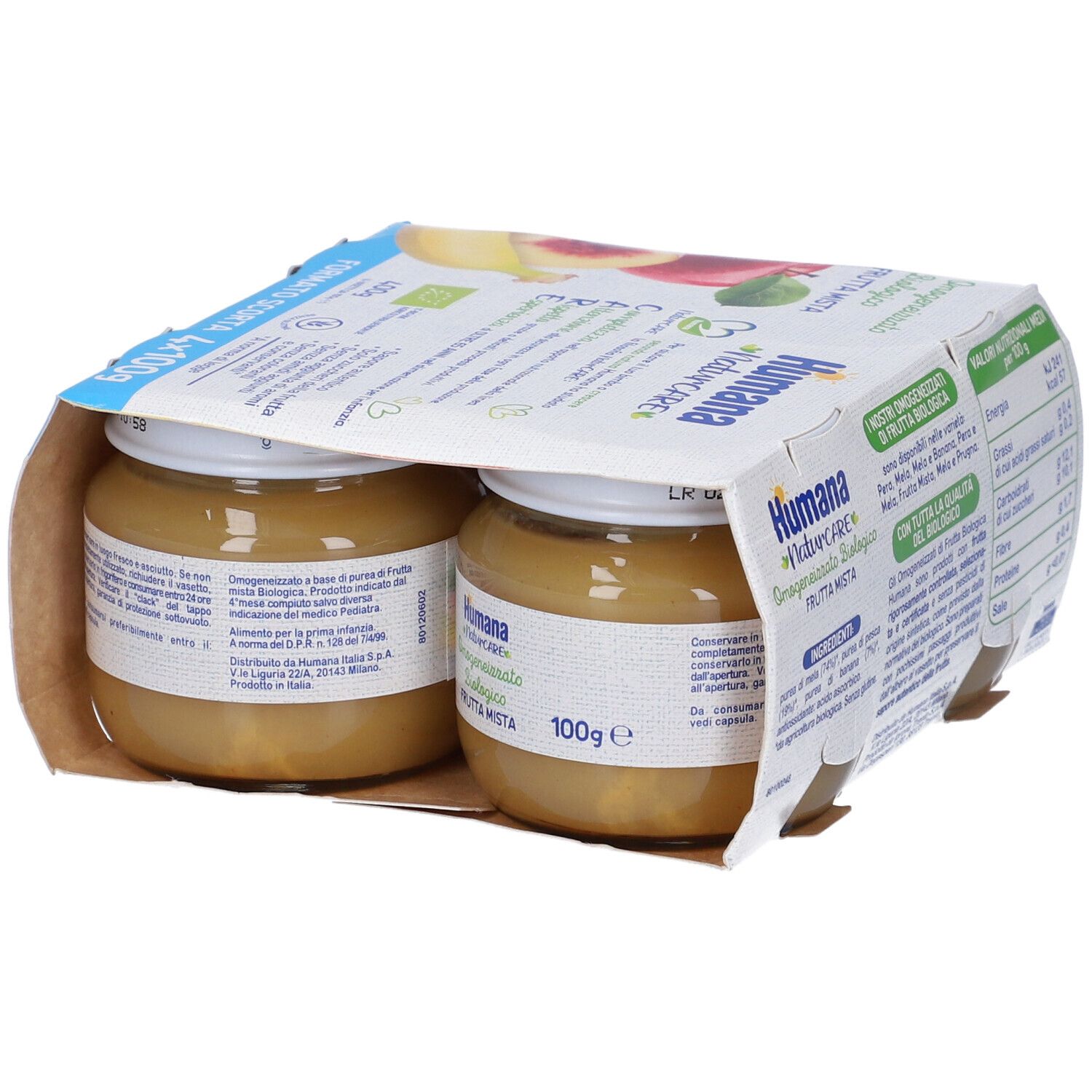Confezione da quattro vasetti di omogeneizzato Humana NaturCARE. Due vasetti visibili. Scritto: Frutta Mista, 100g. Certificazione biologica.