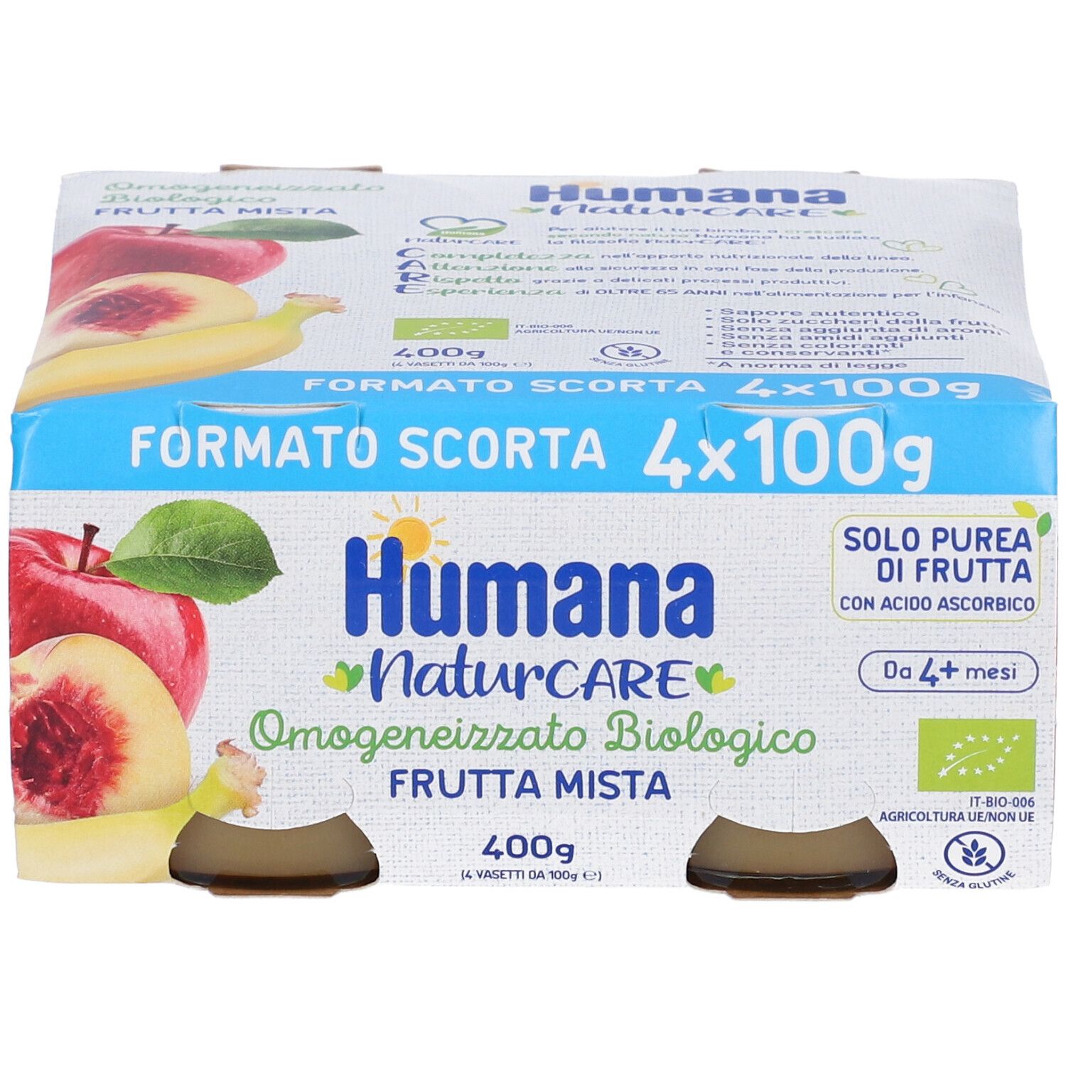 Humana NaturCare, 4 vasetti omogeneizzato frutta, 4x100g. Frutta mista biologica. Confezione con immagini. Per neonati da 4+ mesi.