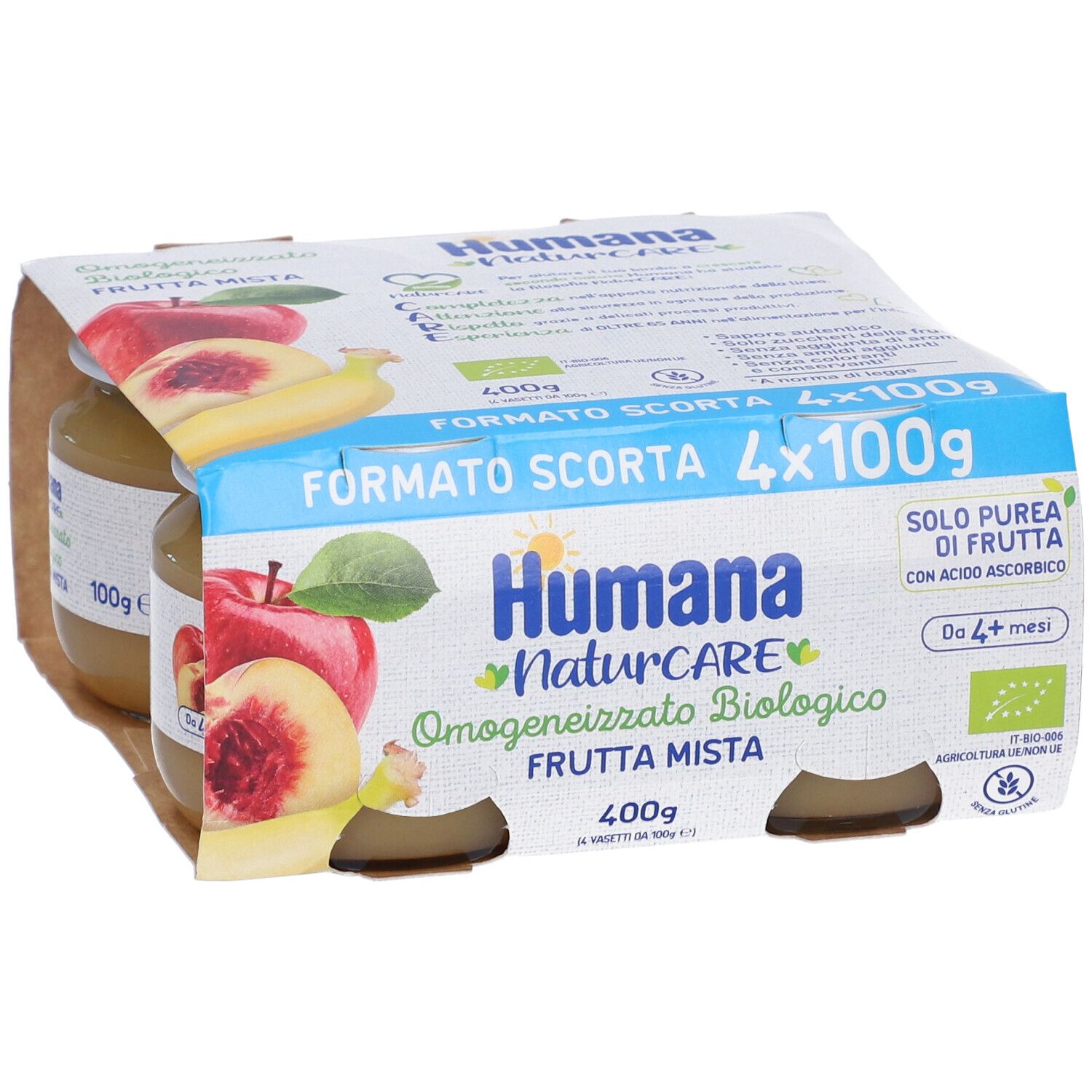 Confezione da quattro vasetti di omogeneizzato Humana NaturCARE. Scritto: Frutta Mista, 4x100g, da 4+ mesi. Certificazione biologica.