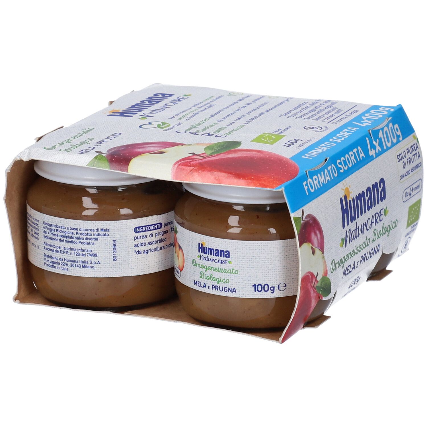 Confezione da due vasetti Humana NaturCARE Omogenizzato Mela e Prugna BIO. Scritte: 100g, marchio BIO, illustrazione mela e prugna.