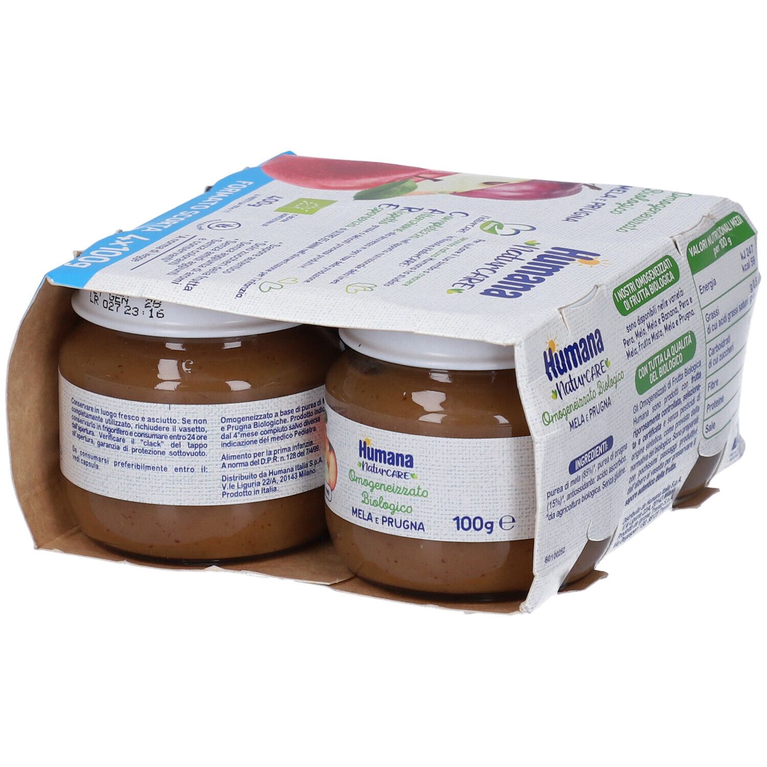 Confezione da due vasetti Humana NaturCARE Omogenizzato Mela e Prugna BIO. Scritte: 100g, marchio BIO, illustrazione mela e prugna.