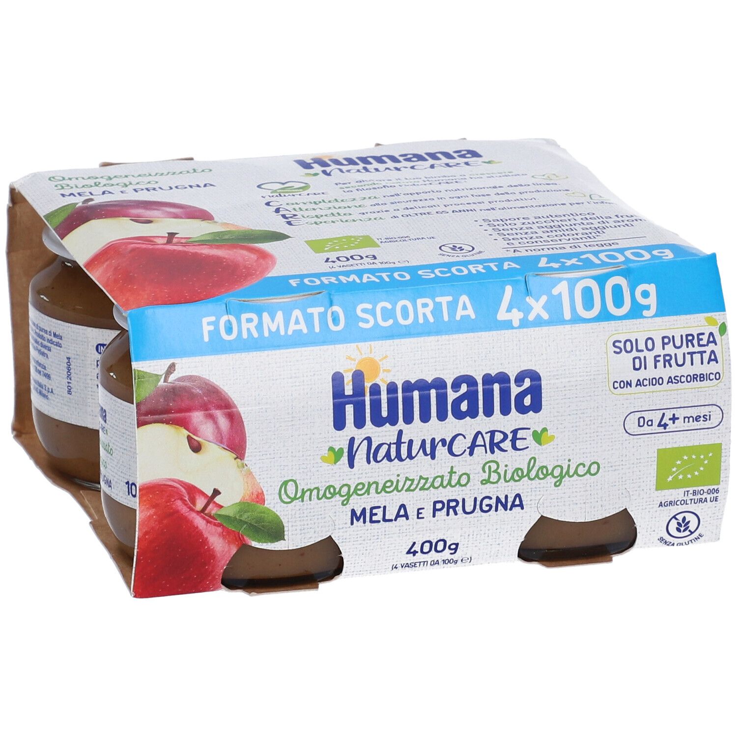 Confezione da quattro vasetti Humana NaturCARE Omogenizzato Mela e Prugna BIO. Scritte: 4x100g, marchio BIO, illustrazione mela e prugna.