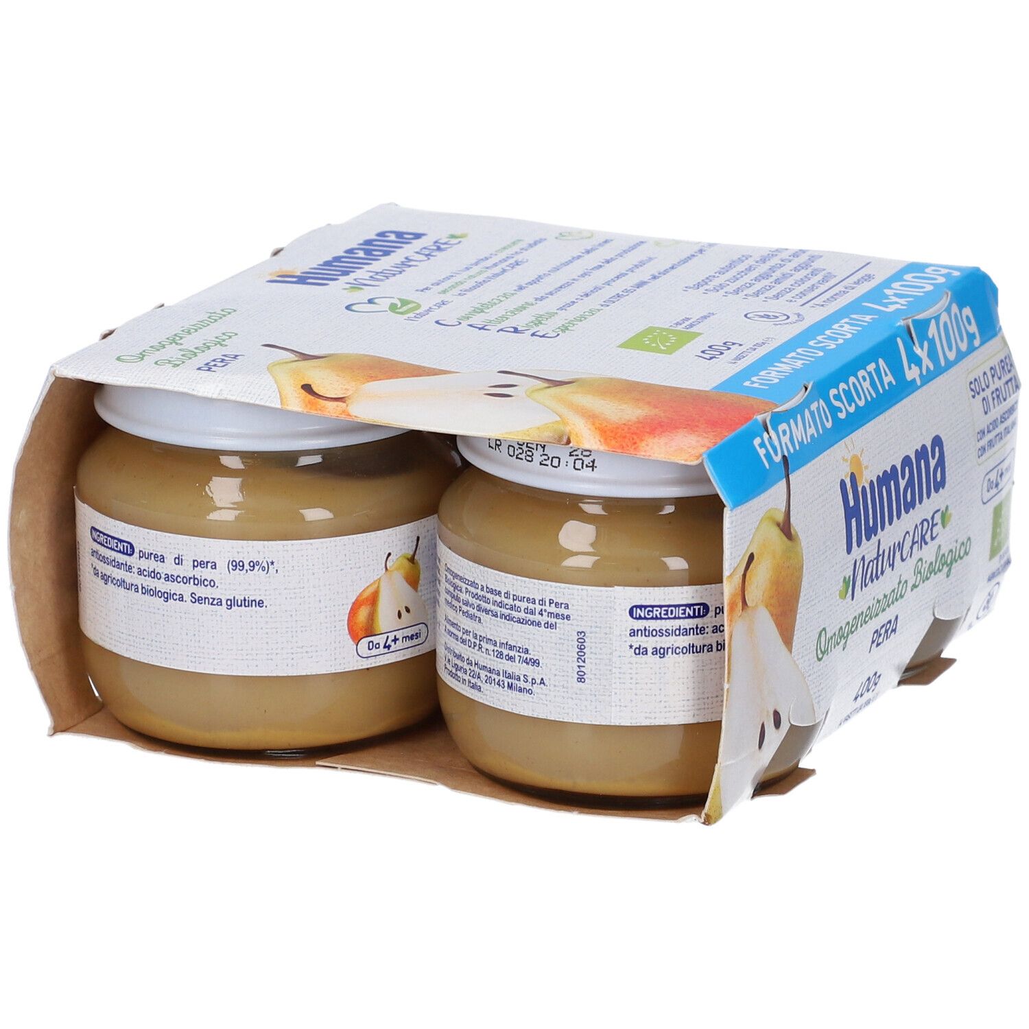 Confezione con due vasetti HUMANA OMOG PERA BIO. Scritta: 4x100g. Certificazione bio. Da 4+ mesi.