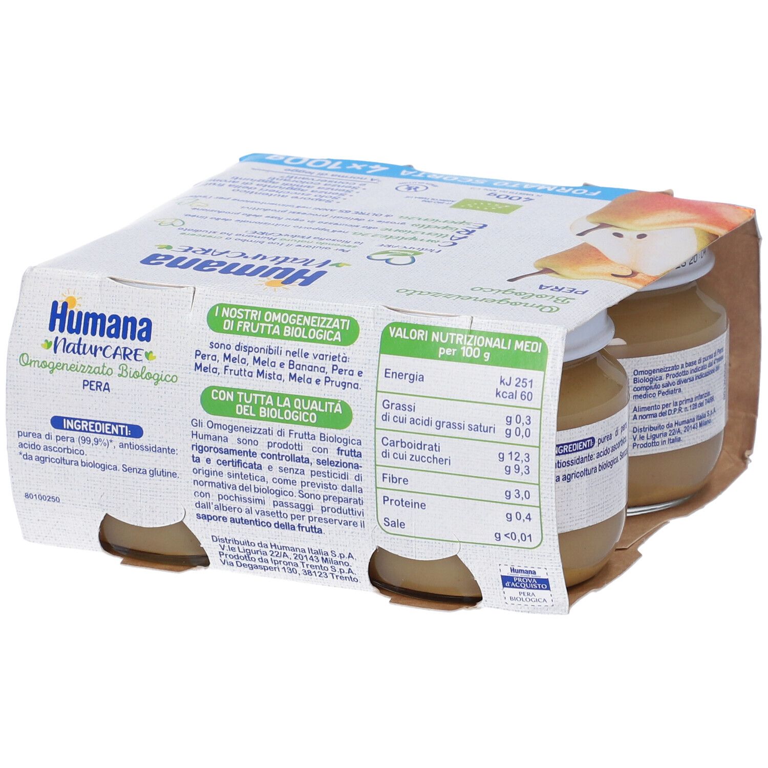 Confezione con due vasetti HUMANA OMOG PERA BIO. Scritta: 4x100g. Certificazione bio. Valori nutrizionali.