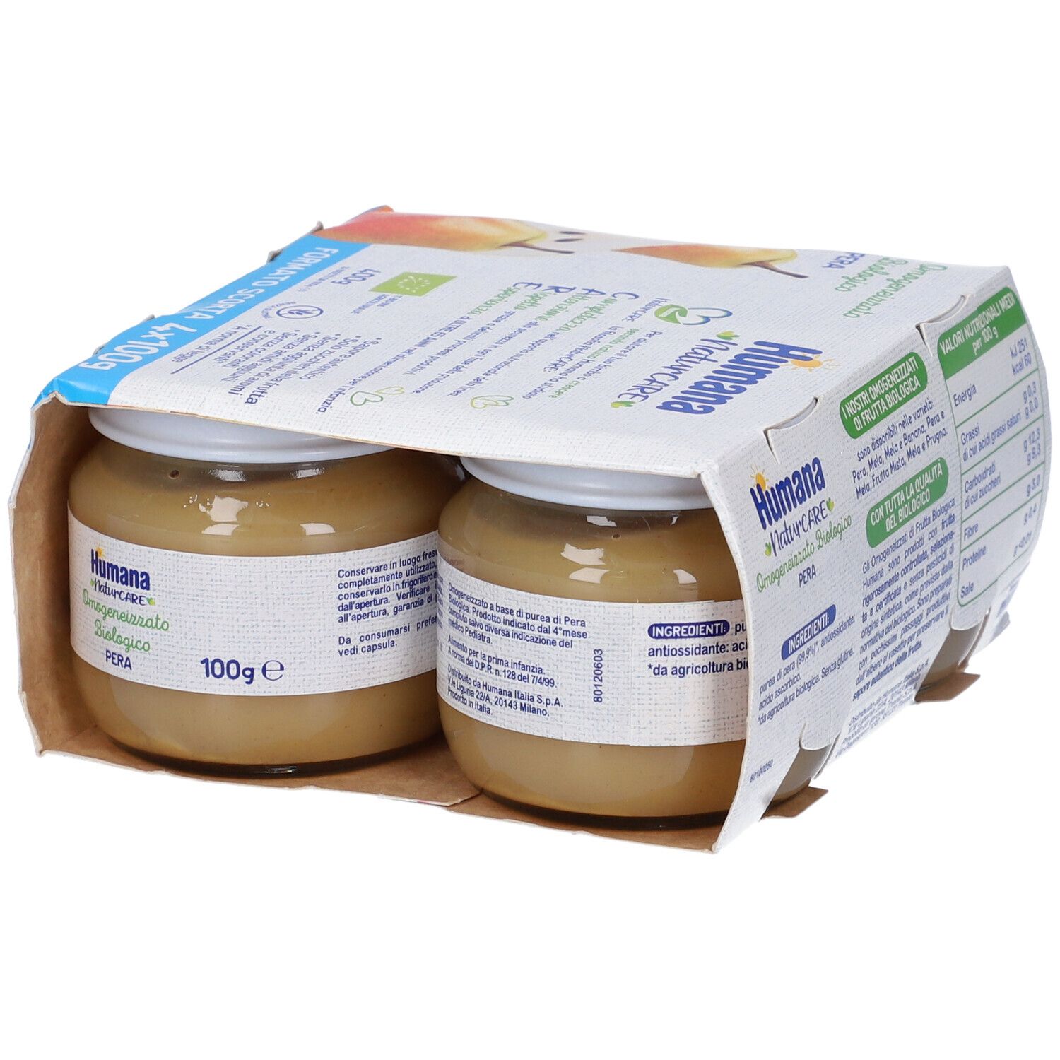 Confezione con due vasetti HUMANA OMOG PERA BIO. Scritta: 100g. Certificazione bio. Da 4+ mesi.