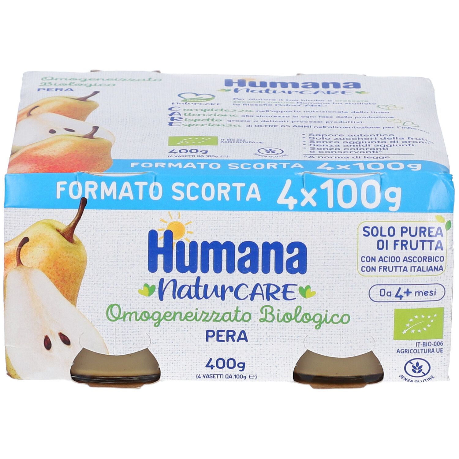 Confezione da quattro vasetti HUMANA OMOG PERA BIO. Scritta: 4x100g. Certificazione bio. Da 4+ mesi.