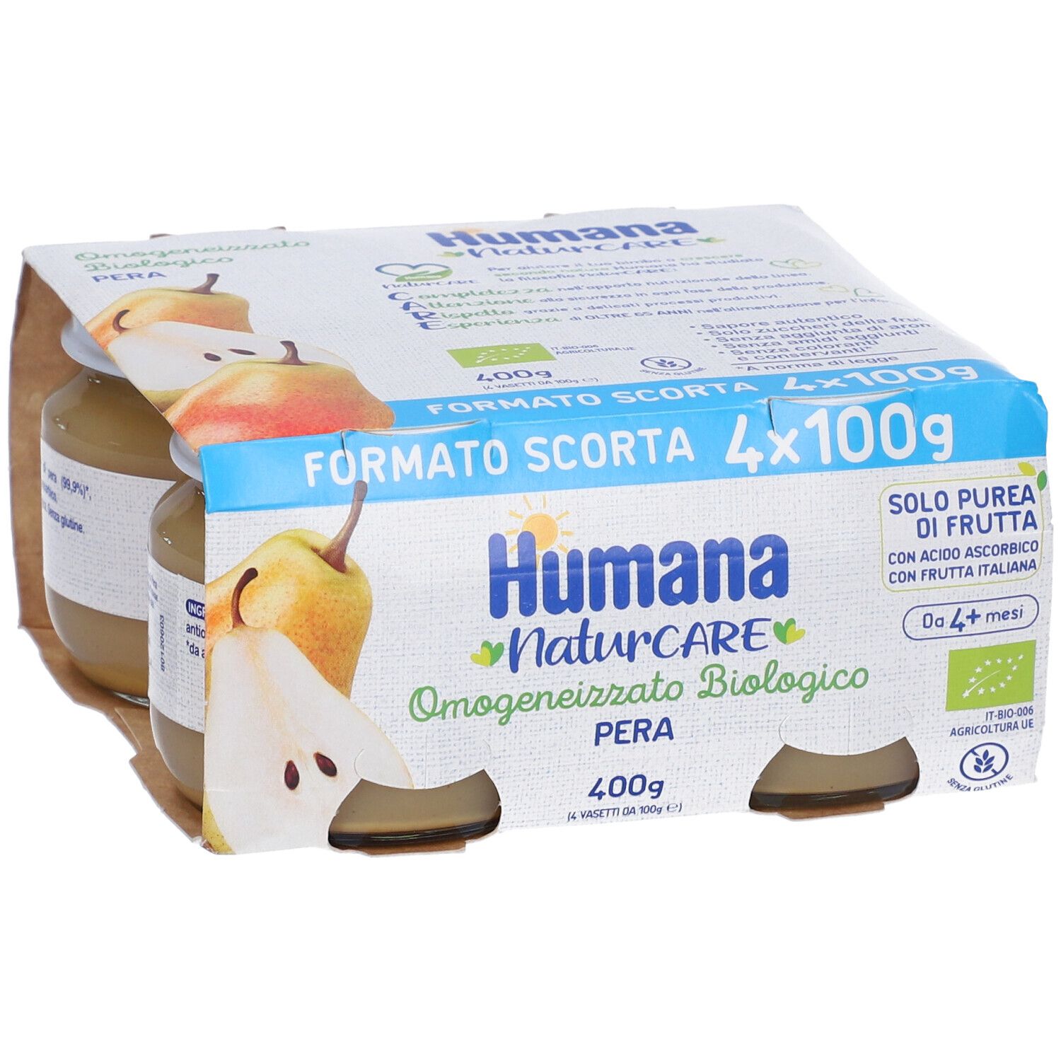 Confezione da quattro vasetti HUMANA OMOG PERA BIO. Scritta: 4x100g. Certificazione bio. Da 4+ mesi.