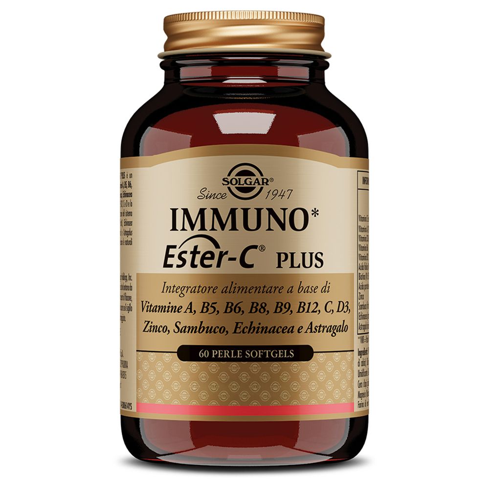 Flacone di vetro marrone con tappo dorato. Etichetta: IMMUNO Ester-C PLUS. 60 perle softgels.