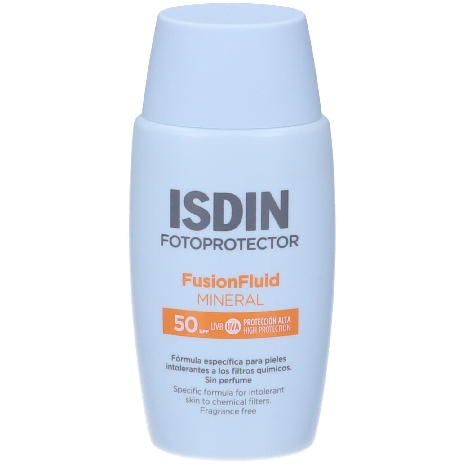 Flacone azzurro con etichetta bianca. Scritta: ISDIN, Fotoprotector, FusionFluid MINERAL, SPF 50.