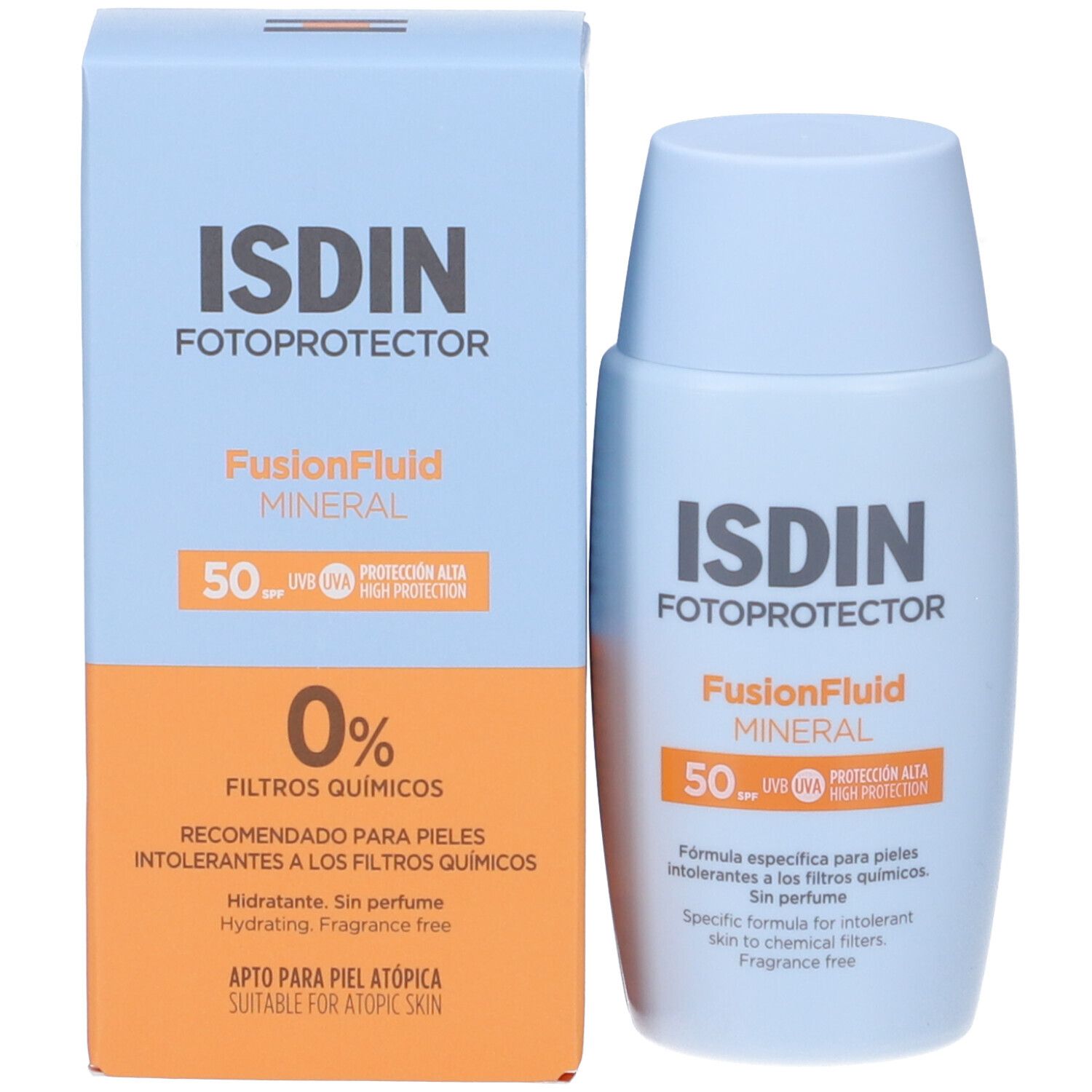 Confezione del prodotto con flacone e scatola. Scritta: ISDIN, Fotoprotector, FusionFluid MINERAL, SPF 50, 0% Filtros químicos.