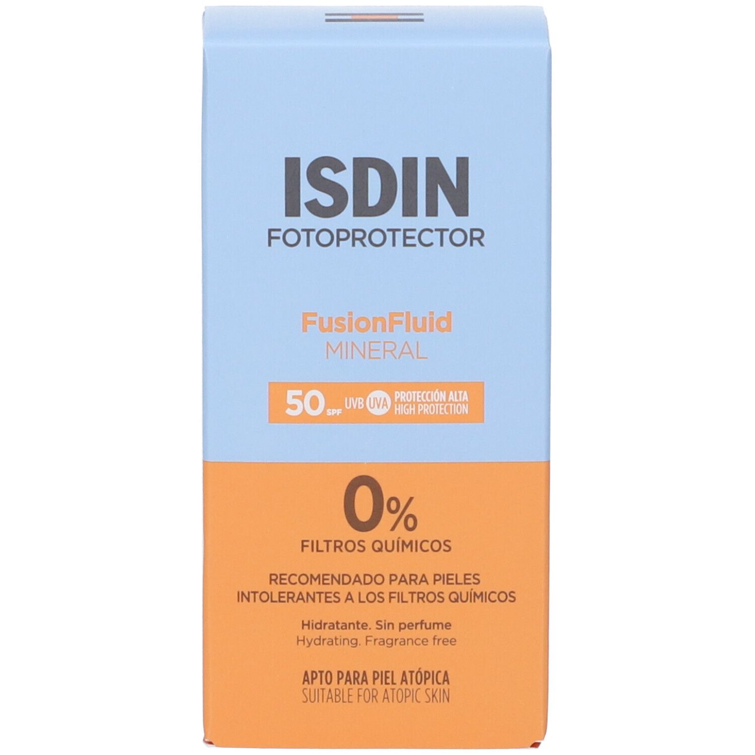 Confezione in cartone. Scritta: ISDIN, Fotoprotector, FusionFluid MINERAL, SPF 50, 0% Filtros químicos. Adatto per pelli atopiche.