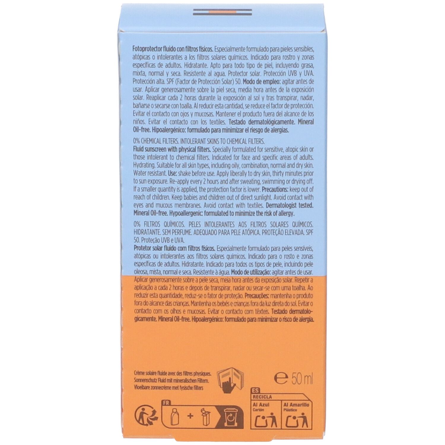 Retro della confezione in cartone. Testo in più lingue. Scritta: 0% CHEMICAL FILTERS. INTOLERANT SKINS TO CHEMICAL FILTERS.