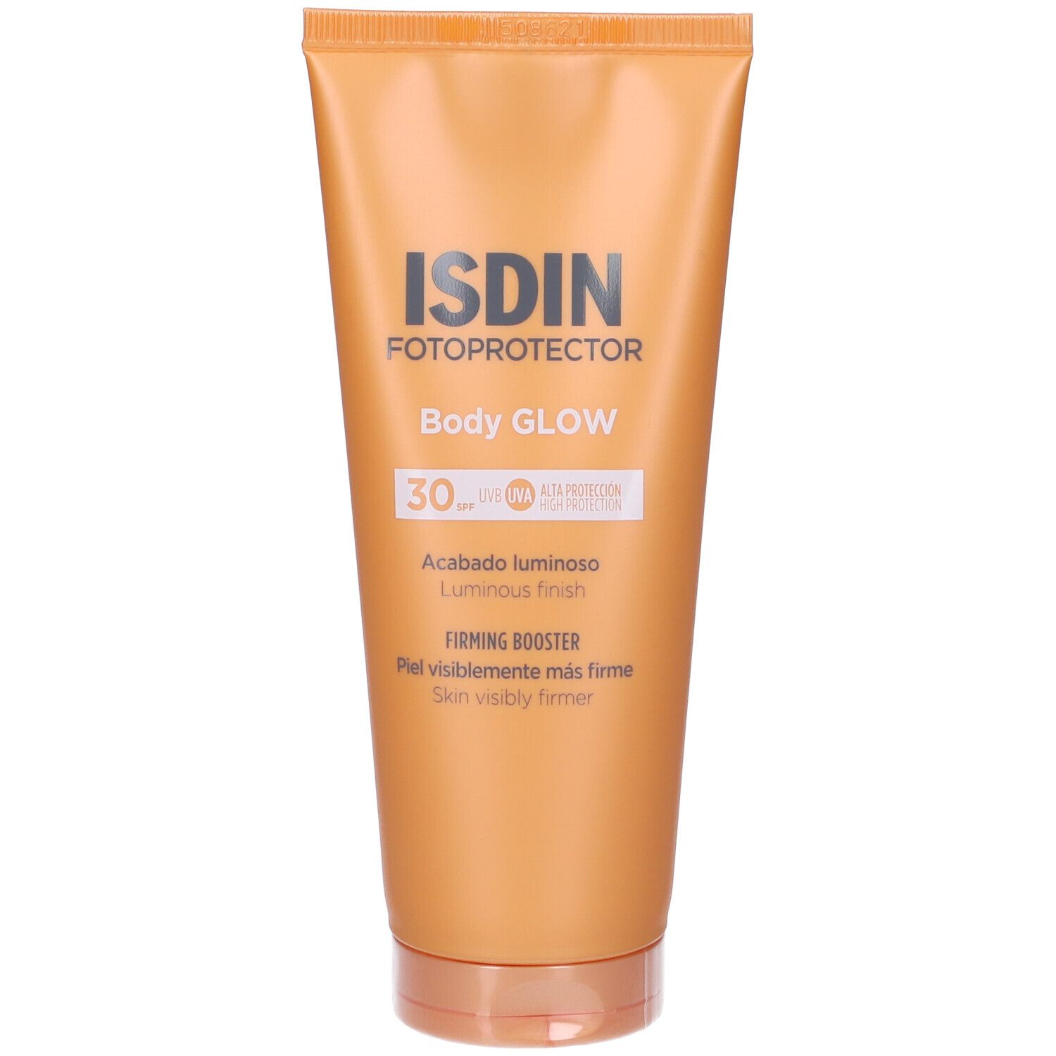 Tubo ISDIN Fotoprotector Body Glow SPF30. Colore bronzo. Testo e logo.
