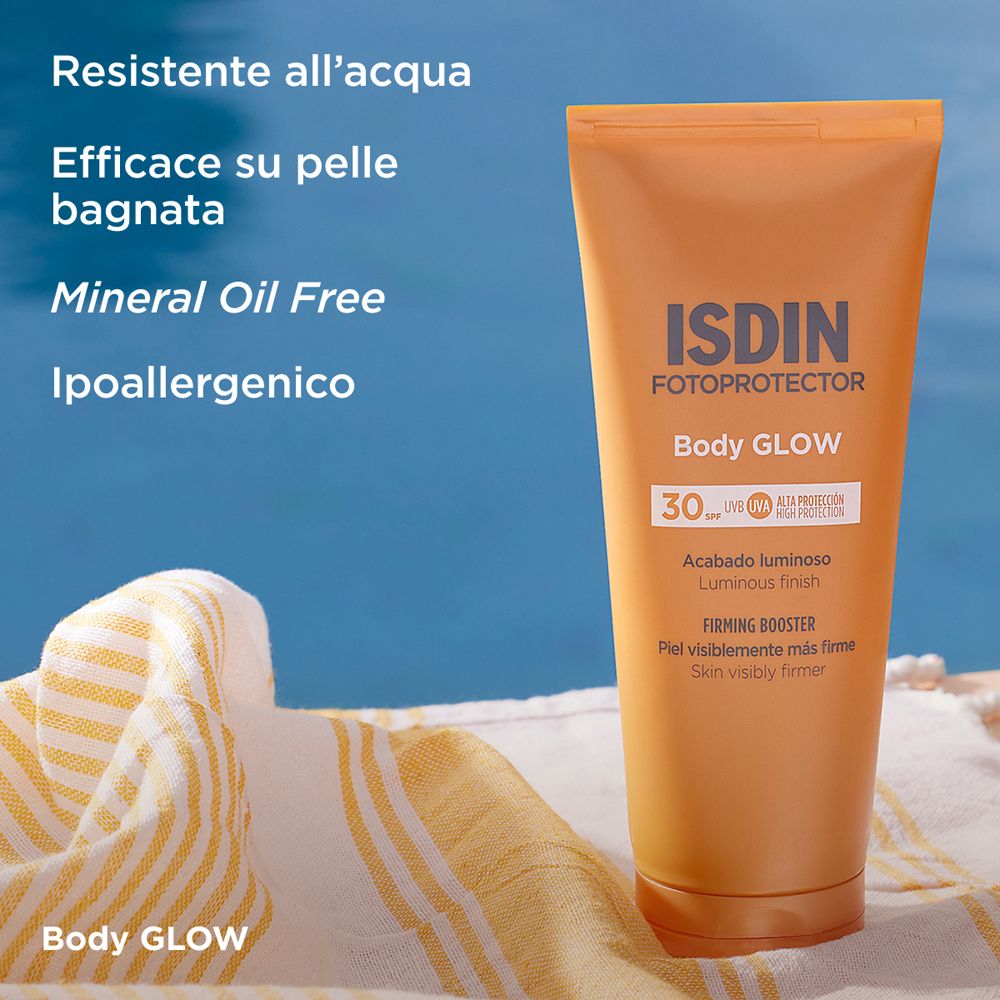 Prodotto accanto a un asciugamano. Testo: Resistente all'acqua. Mineral Oil Free. Ipoallergenico.