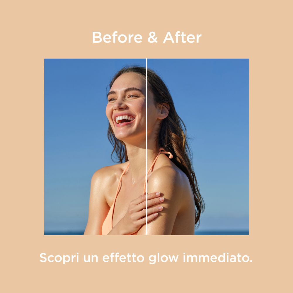 Immagine prima-dopo. Donna sorridente. Testo: Scopri un effetto glow immediato.