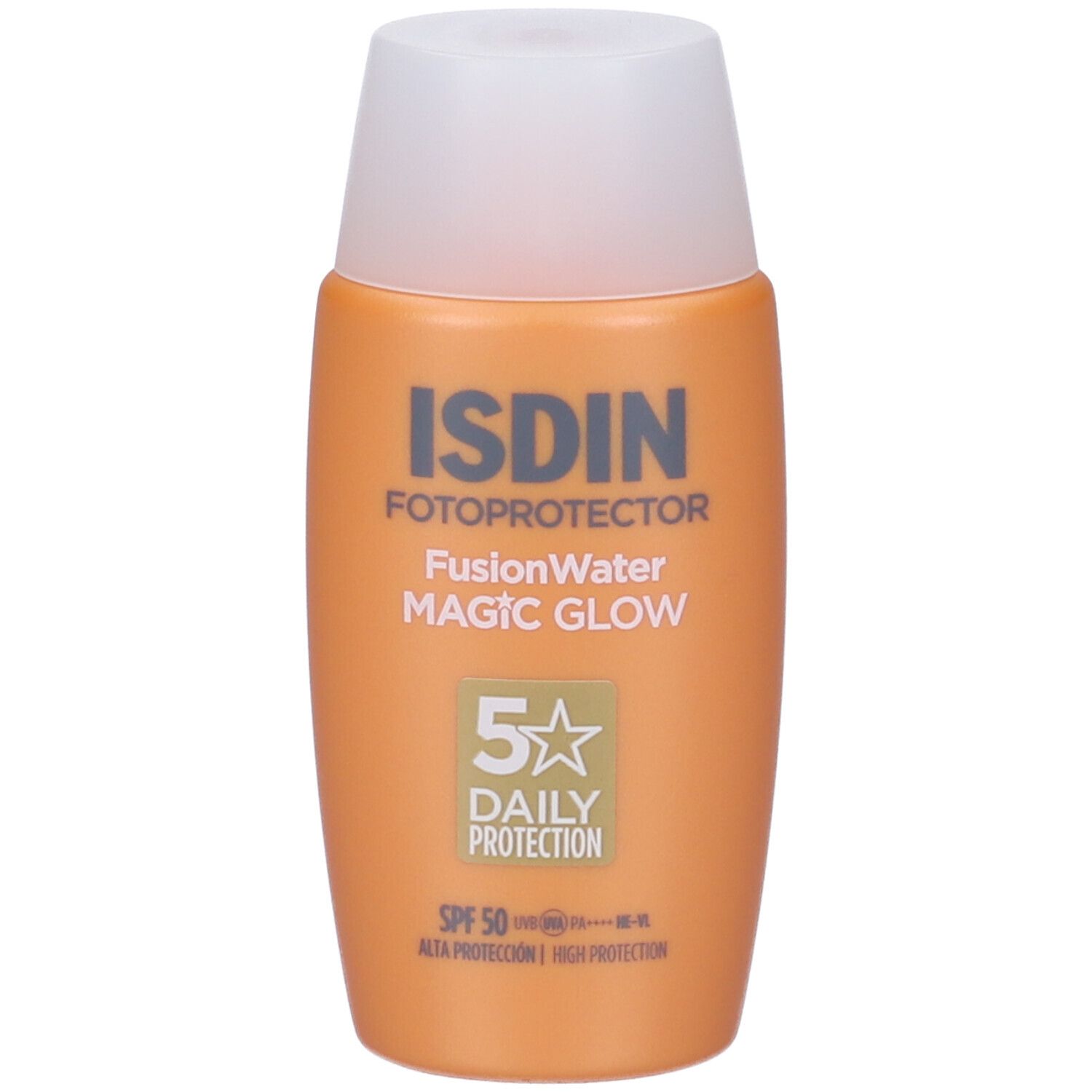 Flacone arancione con tappo bianco. Scritta: ISDIN Fotoprotector Fusion Water MAGIC GLOW. SPF 50.