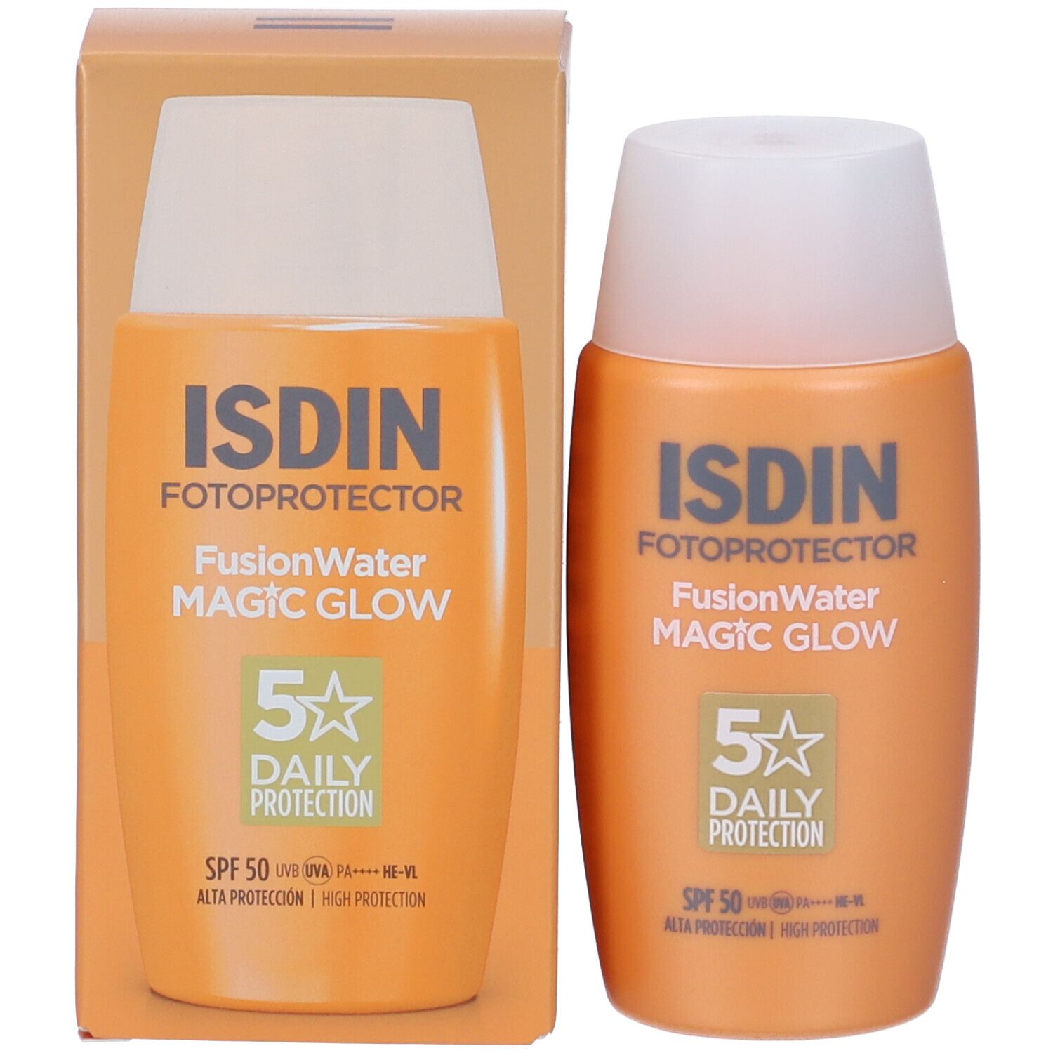 Confezione del prodotto con flacone. Scritta: ISDIN Fotoprotector Fusion Water MAGIC GLOW. SPF 50.